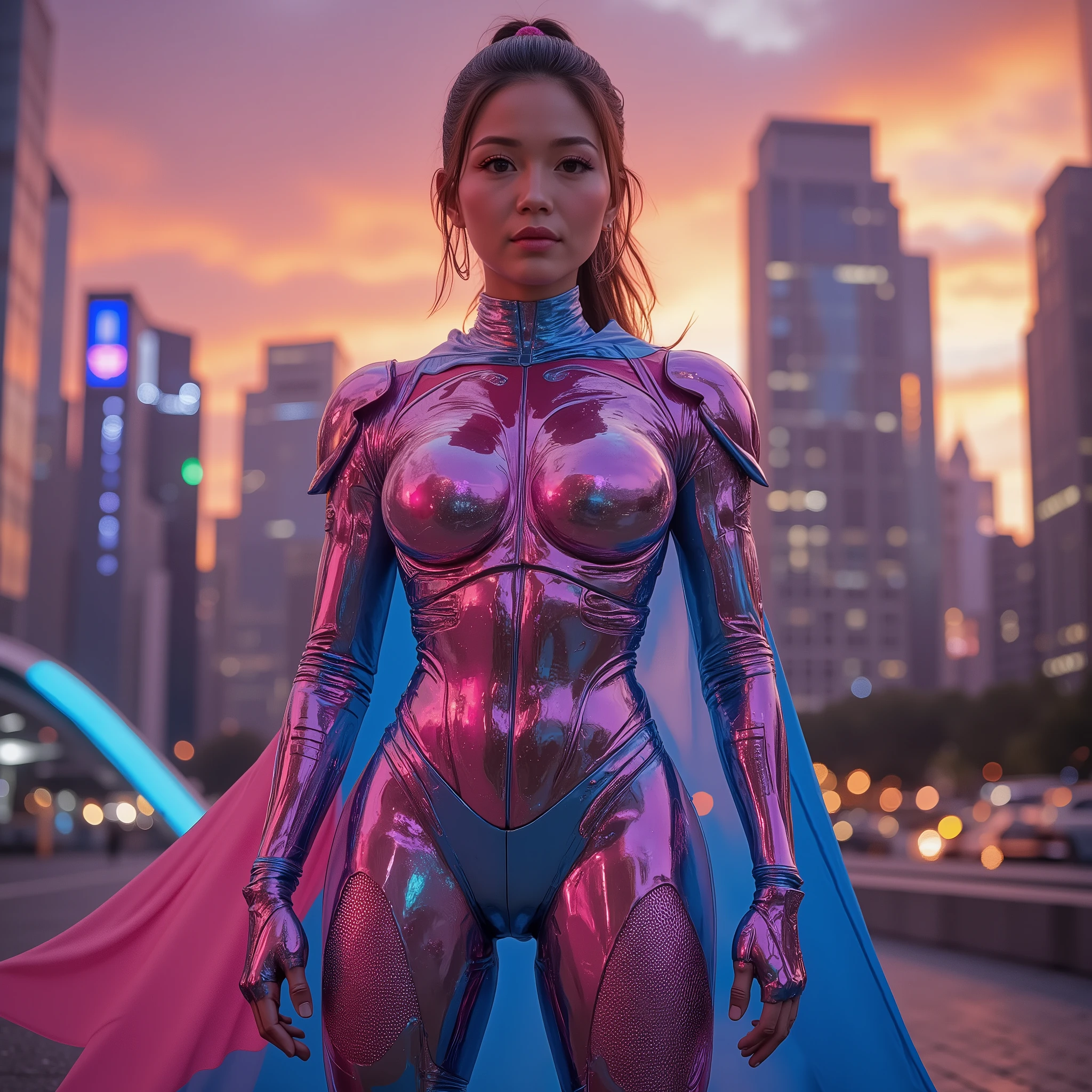 makes her stand out with an overwhelming presence in the futuristic cityscape at dusk、A woman is standing in the hall々The traffic system、with skyscrapers towering in the background、The sky is dyed in shades of orange and pink、 Her outfit 、This is a shiny metallic superhero costume mixed with bright blue and bright pink、the suit that fits the body、The elegant high ponytail hairstyle、personality as a superhero、The cape that flutters in the night breeze、It emphasizes、exudes a modern and fantastic atmosphere、further enhances her strong and powerful aesthetic、The lighting captures the luster of the costume、highlights the details of her armor and body lines、The overall vibe is full of strength and cool elegance、makes her shine in the urban landscape、features intricate patterns and armor-like elements、Professional撮影、ANATOMICALLY CORRECT、Highest Quality、4K、8k、high resolution、masterpiece、Super Detailed、(realistic, photorealistic, photo-realistic:1.37)、HDR、超high resolution、studio lighting with outdoor air、Ultra High Definition Painting、physically-based rendering、VERY DETAILED DESCRIPTION、Professional、bright color、Bokeh, Lola, D4rkCyb3rDyn34n1m3 style, nipples are covered by pasties featuring the words “get off！”, eriko