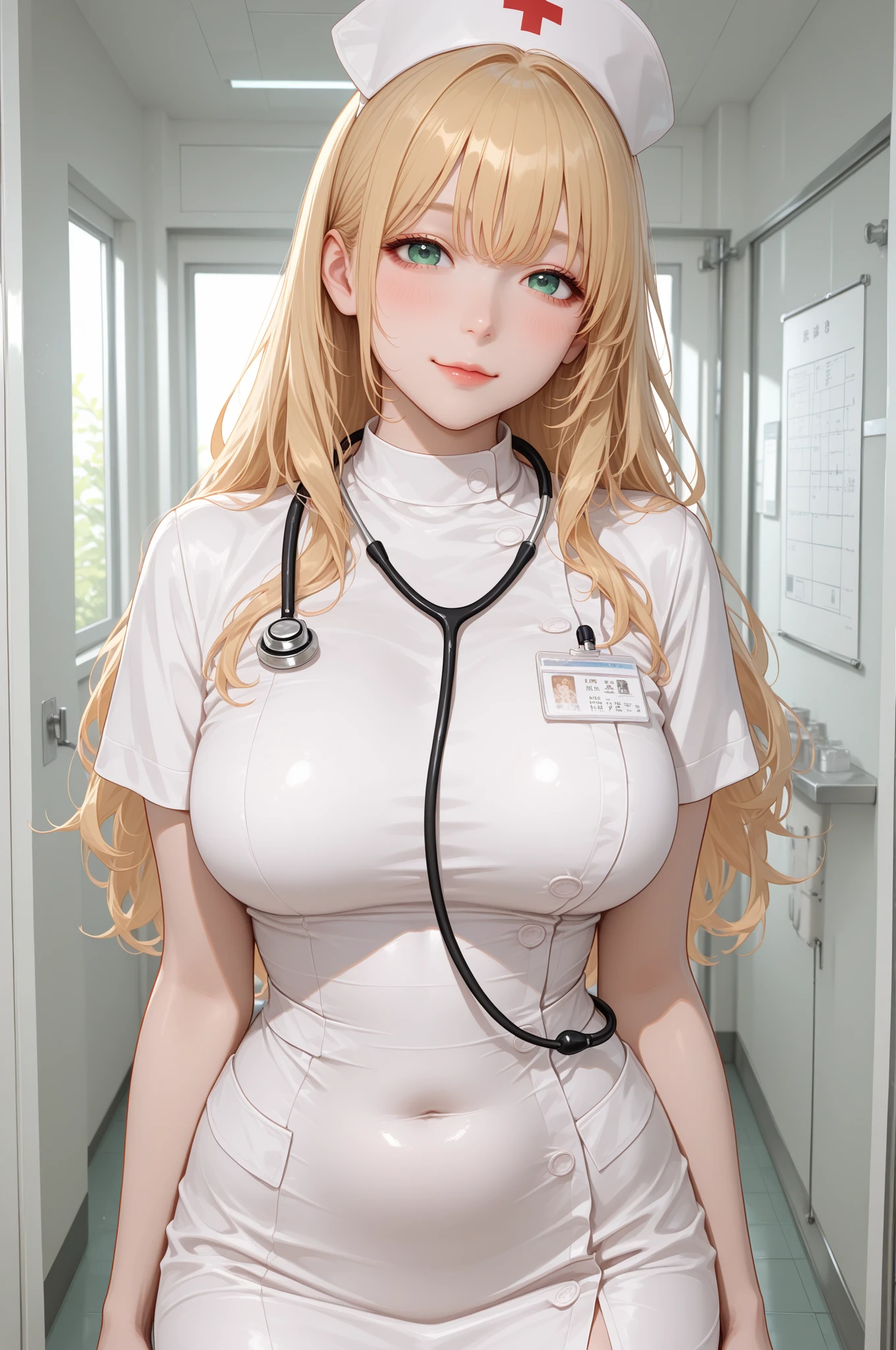From above, close-up, lab coat,  smile, white blouse, black skinny pants,  open, white coat open, beige hair, wolf hair, medium hair, beige eyes, holding a cigarette, holding a stethoscope, clinic examination room, patient bed, medical equipment, quiet town outside the window