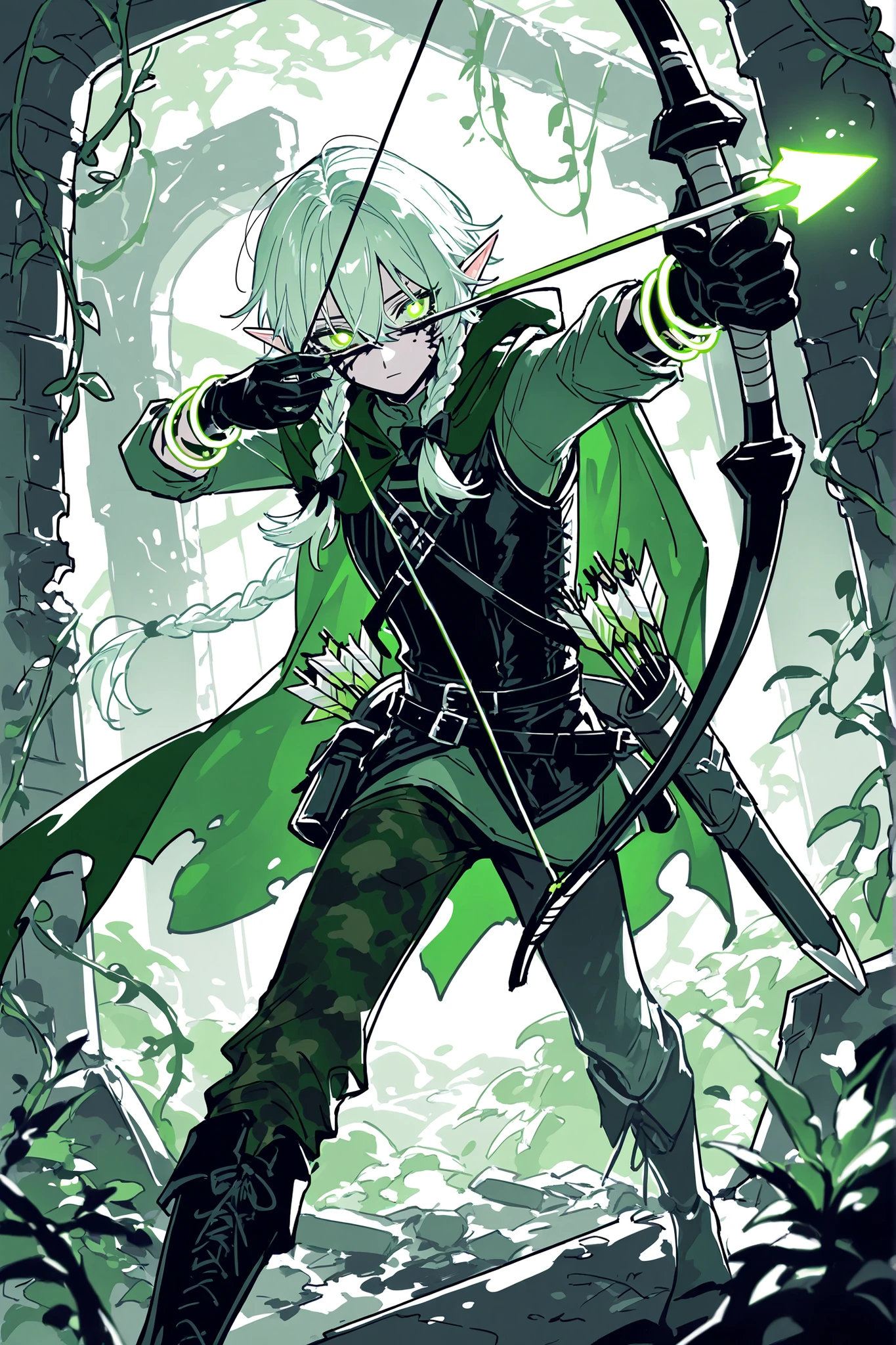 (glowing,xxx667_illu,drawing bow (weapon),aiming at viwer,arrow (projectile),bow (weapon),holding bow (weapon),aiming,) Male elf archer is an adventurer. He has pale skintone. He has  brown long hair braided in two braids. He has green glowing eyes. He has black war paint on his face. He has a skinny male physique. He wearing a loose-fitting green shirt with long sleeves and nature ornaments, long leather vest,trousers with side lacing. He has a belt with a pouch and a shoulder strap with scabbard. He's wearing leather hip-high boots, gloves with green vines bracelets. He has a green nature camouflage hooded cloak made fo green leaves on his shoulders. He always carries equipment with him: Two elven swords, a quiver with arrow bolts. (In the background: a medieval fantasy world , ruins of abandoned medival stone tower in darkest woods.)