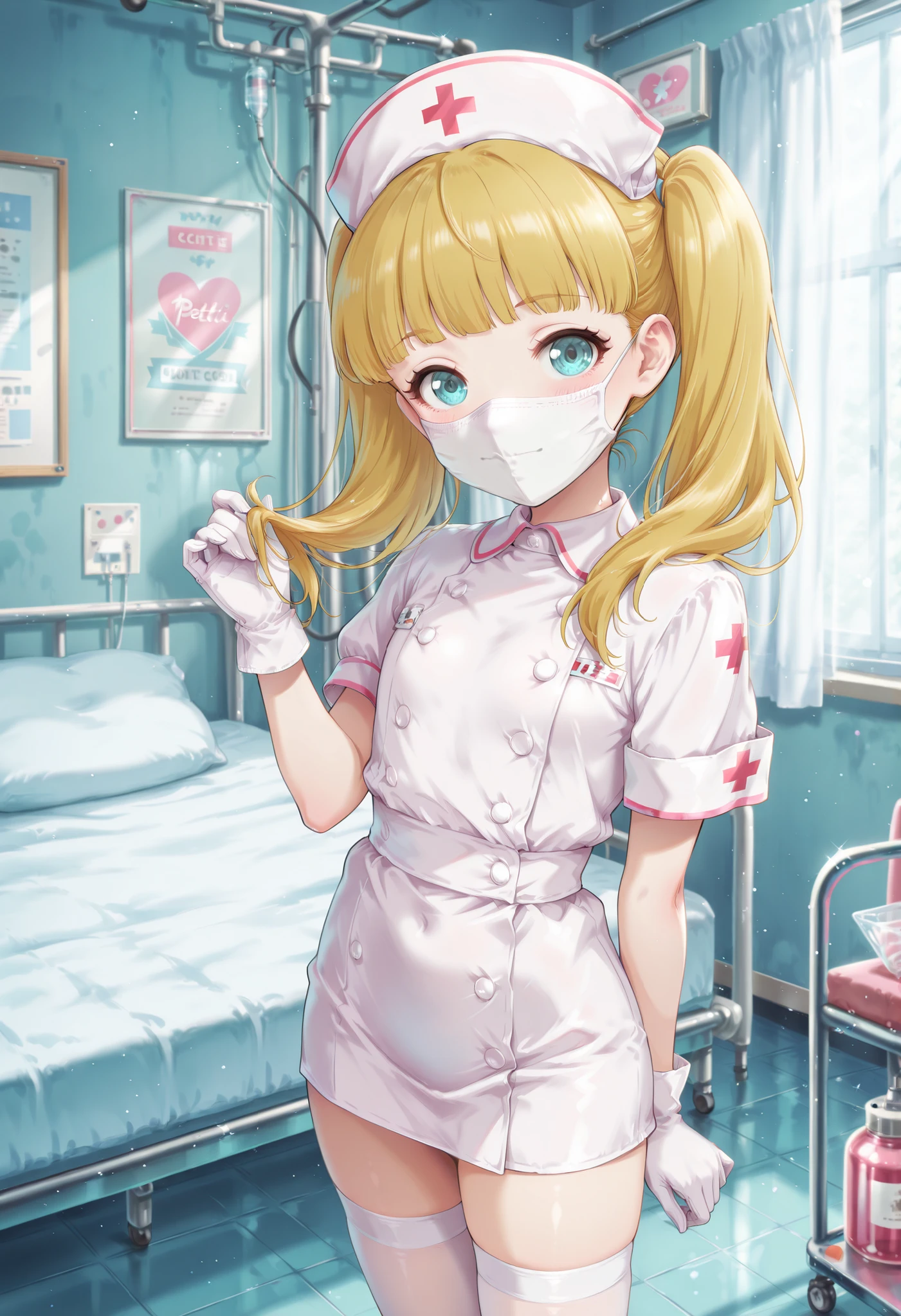 Score_9, score_8_up, score_7_up, source_anime, mary cochran, solo, twintails, blonde hair, aqua eyes, petit, flat chest, (best quality), (high quality), {masterpiece}, extremely delicate and beautiful, ultra-detailed, beautiful detailed eyes, nurse, nurse hat, ((white nurse's outfit)), white gloves, white thighhighs, hospital room, ((white mask, mouth mask, covered nose)), standing