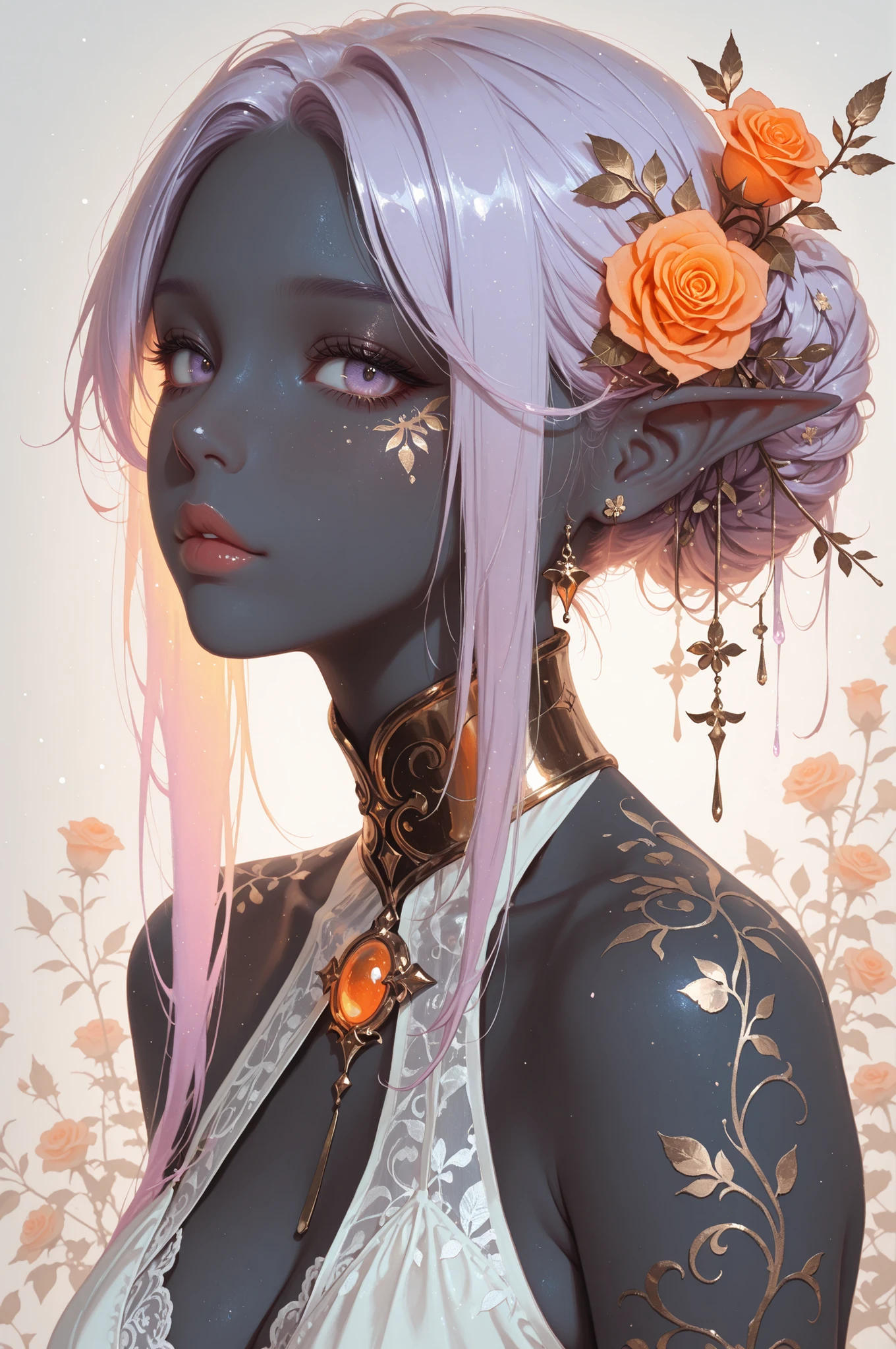 A digital painting of a blue-skinned, ethereal elf girl with long, flowing, light purple hair, wearing a delicate orange and rose-gold adornment in her hair and around her neck. Focus on soft, pastel, and muted colors with a light, whimsical style and detailed, realistic facial features, emphasizing soft highlights on the skin and hair and intricate, delicate patterns, holographic details, masterpiece, best quality,absurdres