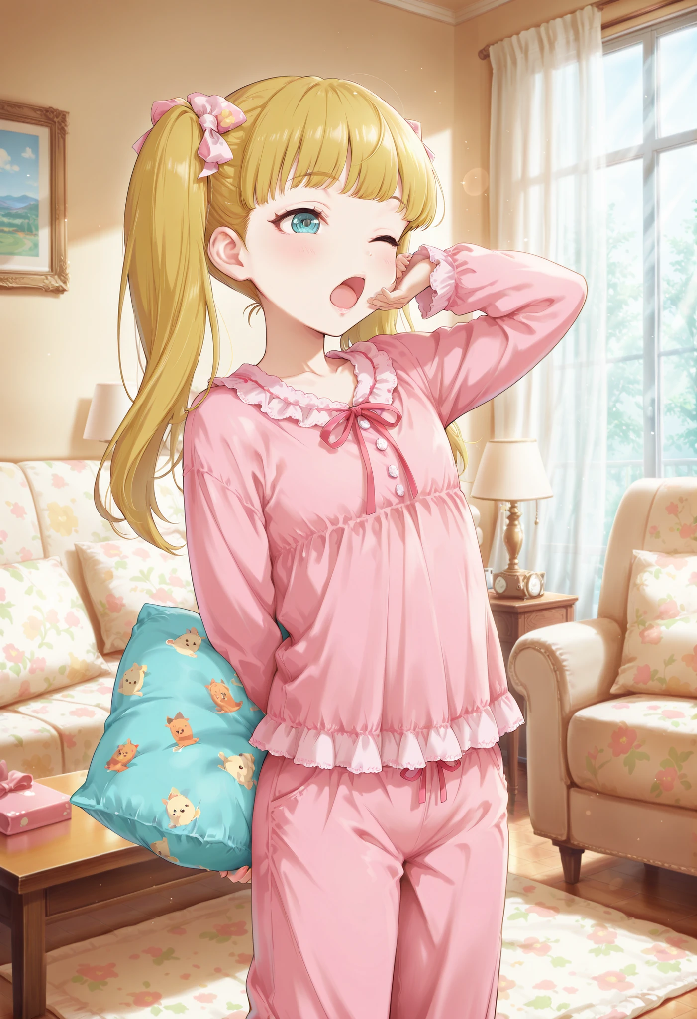 Score_9, score_8_up, score_7_up, source_anime, mary cochran, solo, twintails, blonde hair, aqua eyes, petit, flat chest, (best quality), (high quality), {masterpiece}, extremely delicate and beautiful, ultra-detailed, beautiful detailed eyes, pink pajamas, pajama pants, living room, morning, holding pillow, yawning, one eye closed, open mouth, standing