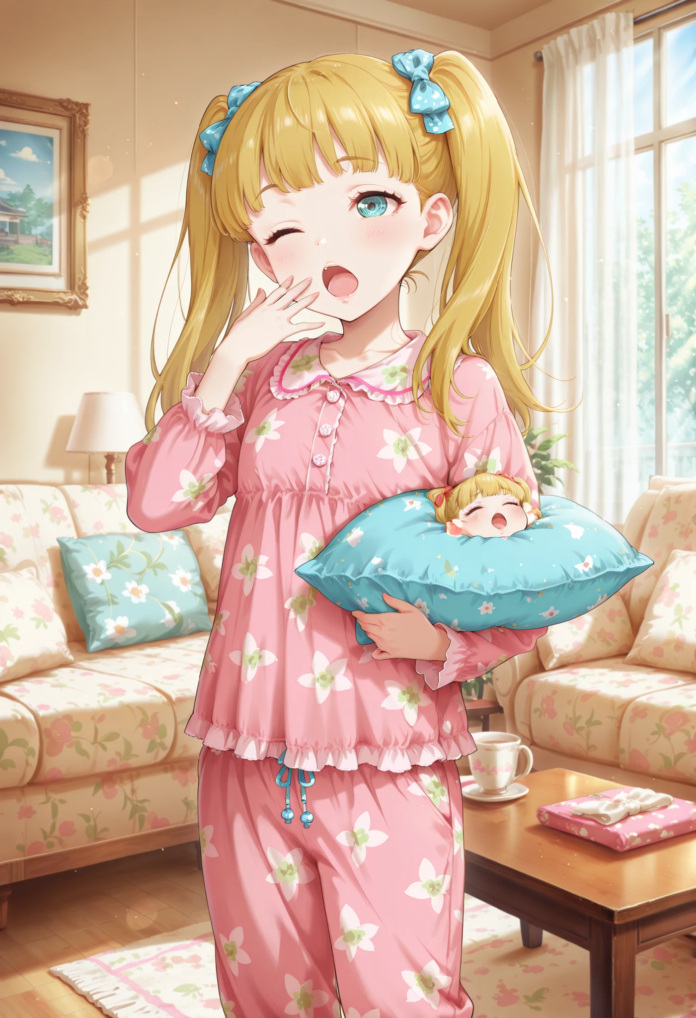 Score_9, score_8_up, score_7_up, source_anime, mary cochran, solo, twintails, blonde hair, aqua eyes, petit, flat chest, (best quality), (high quality), {masterpiece}, extremely delicate and beautiful, ultra-detailed, beautiful detailed eyes, pink pajamas, pajama pants, living room, morning, holding pillow, yawning, one eye closed, open mouth, standing