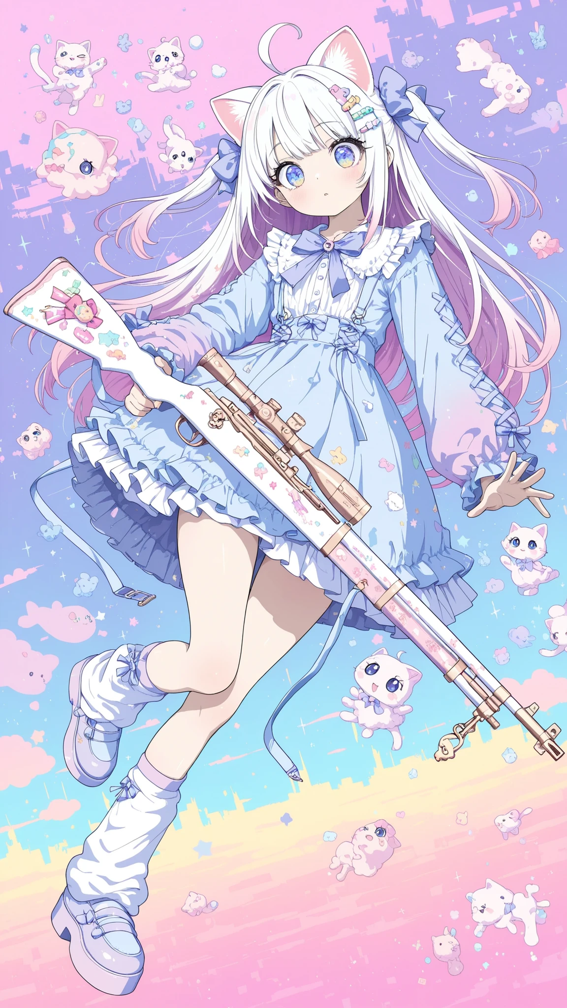 masterpiece,best quality,amazing quality,aiu2,photorealistic,high-res,olution,newest,detailed clothes,illustration,official art,art style,fantasic illustration,Beautiful detailed eyes,long eyelashes,realstick,One thumb and four fingers,watercolor \(medium\)
BREAK
1girl,solo,kawaii style, aesthetic, dreamcore, surreal, cute style, pastel colors, colored lineart, kawaii accessories, Kawaii icon, cute elements, kawaii pixel, big eyes,kanairo style,full body, bolt action rifle
