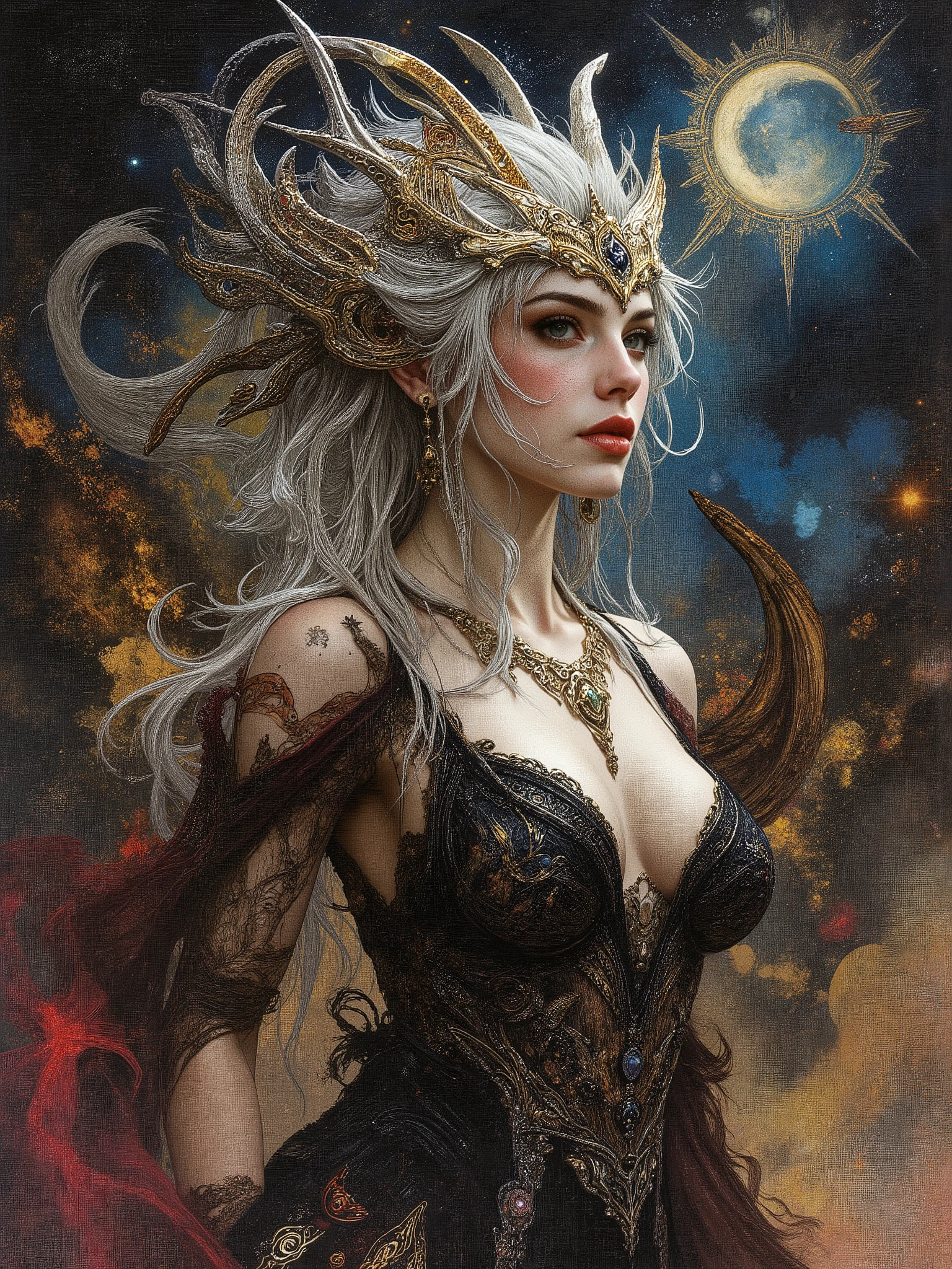 Create a surreal vibrantly and exauisitely expressed depiction of a Goddess of Magic taking the form of an Exotic european looking girl in her early 20's, sensational curvy body, with skin and hair blending blazing white energy and black smoky darkness, , hardened nipples visible through thin fabric, healthy tan skin, low cut elaborate garment hugging her large breasts plunging to waist in V-shape, glistening with perspiration, flushed cheeks, slightly parted moist lips, breathing heavily with desire, garment slipping off one shoulder revealing smooth skin, tight fabric clinging to her magnificent form, emerges from a vibrant nebula of cosmic dust and arcane symbols, her eyes blazing with ancient knowledge, smiling enigmatically as she manipulates reality, symbols of people, planets, angels, and demons spiraling around her, in a style inspired by Ash Thorp's futuristic neon, Simon Stalenhag's atmospheric landscapes, and Android Jones's psychedelic patterns, with intricate details and surreal symbolism, in 8k resolution, holographic astral cosmic illustration, mixed media, with Pablo Amaringo's vibrant, dreamlike quality. surreal setting, interplay of light and shadow, erotic tension.