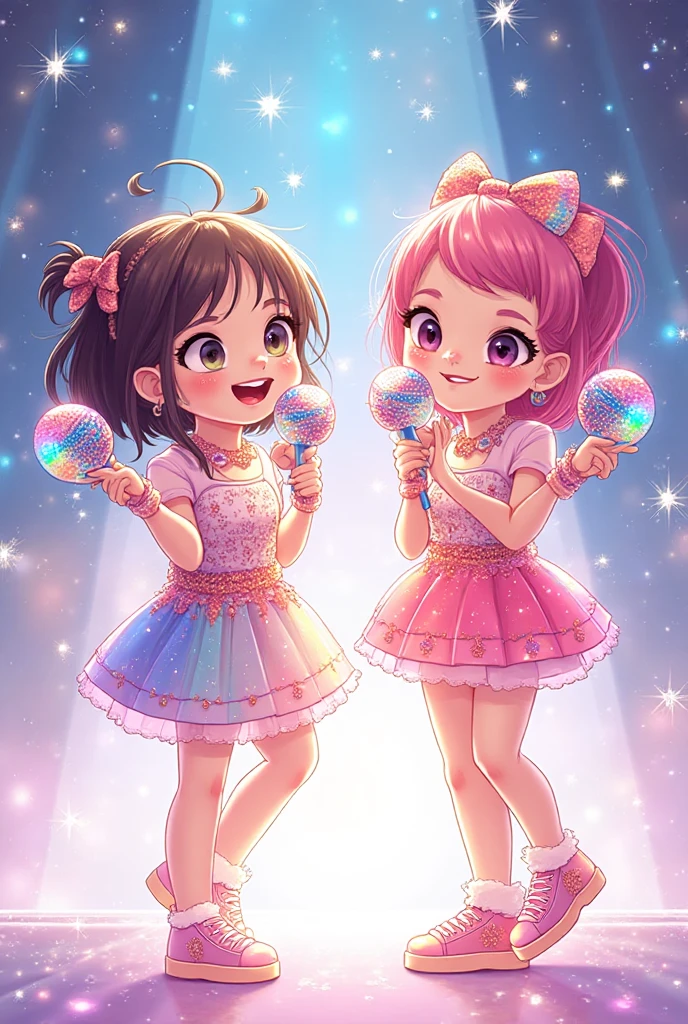 Highest quality、High resolution、Detailed Background、(Beautiful face in every detail:1.4)、Anatomically correct、(Detailed facial expressions)、Teenage beauty、(Highly detailed face:1.4)、Brightly colored hair、well-groomed eyebrows、colorful stockings、A big smile、Idol Style、stage、(Two idol girls wearing holographic laser dresses singing:1.5)、A big smile、smile、A fun atmosphere、
Bright colors and pop colors、Ruffles and laces、Sleeves and hems of clothing、Ruffles and laces are applied to the collar etc.、Motifs such as hearts、Dresses and skirts、Femininity and cuteness、Hair accessories and ribbons、cute
