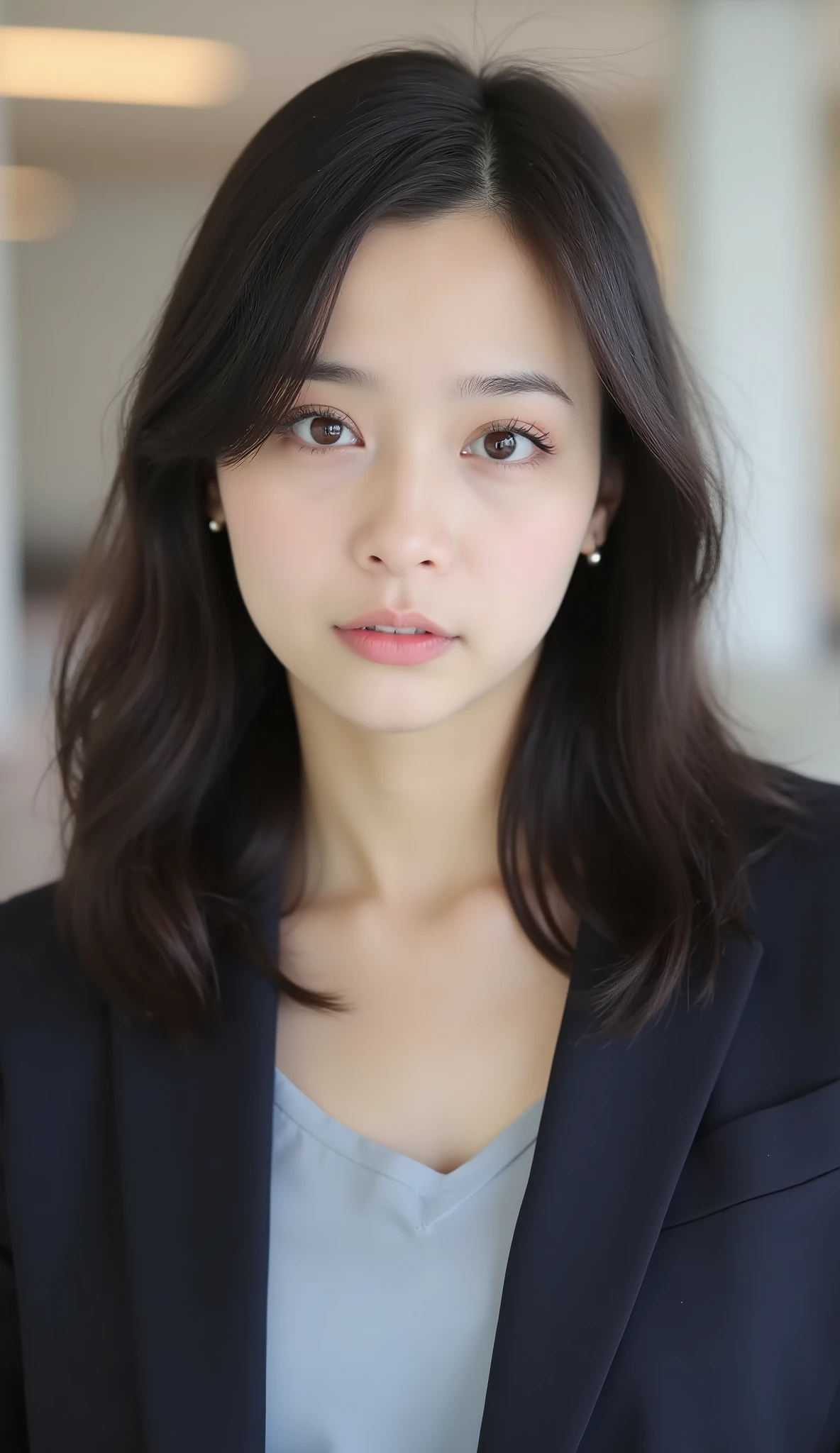 Neat Young Woman、looking at the camera、office lady suit、jacket、shirt、Ear piercings、前髪あり、無表情、、face close-up、The background is office