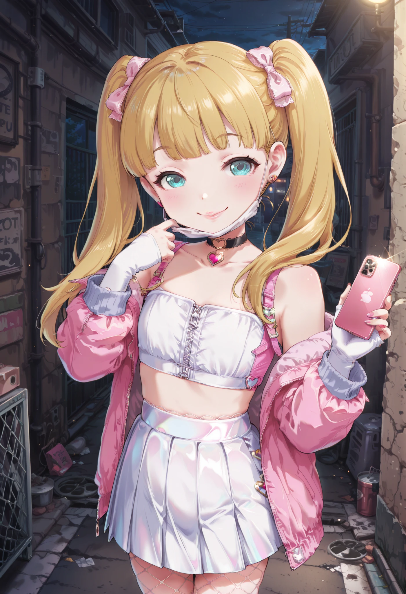Score_9, score_8_up, score_7_up, source_anime, mary cochran, solo, twintails, blunt bangs, blonde hair, aqua eyes, petit, flat chest, (best quality), (high quality), {masterpiece}, extremely delicate and beautiful, ultra-detailed, beautiful detailed eyes, Viper_Cosplay, open clothes, choker, crop top, fishnets, white pleated skirt, pink jacket, cellphone, holding cellphone, backalley, night, white mask, mask pull, pink lips, smile, closed mouth, standing