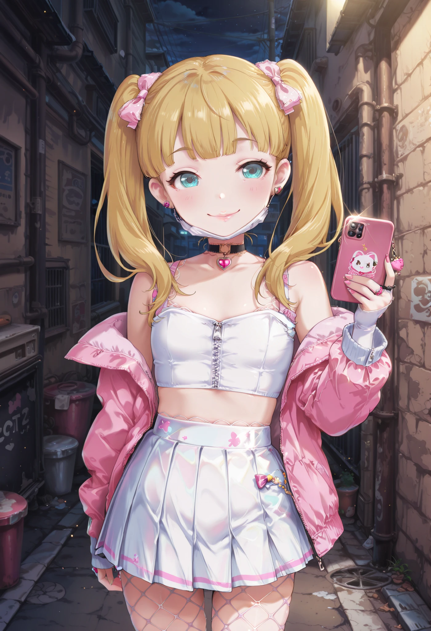 Score_9, score_8_up, score_7_up, source_anime, mary cochran, solo, twintails, blunt bangs, blonde hair, aqua eyes, petit, flat chest, (best quality), (high quality), {masterpiece}, extremely delicate and beautiful, ultra-detailed, beautiful detailed eyes, Viper_Cosplay, open clothes, choker, crop top, fishnets, white pleated skirt, pink jacket, cellphone, holding cellphone, backalley, night, white mask, mask pull, pink lips, smile, closed mouth, standing