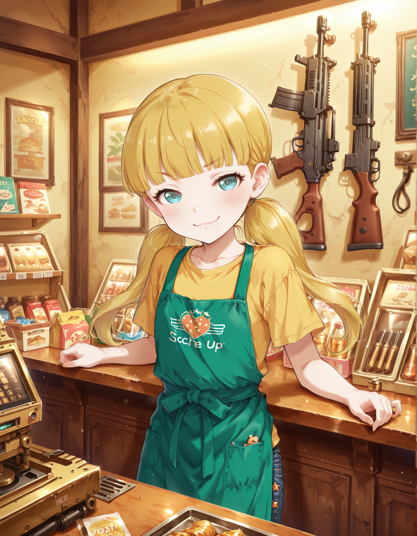 Score_9, score_8_up, score_7_up, source_anime, mary cochran, solo, twintails, blunt bangs, blonde hair, aqua eyes, petit, flat chest, (best quality), (high quality), {masterpiece}, extremely delicate and beautiful, ultra-detailed, beautiful detailed eyes, green apron, yellow t-shirt, denim jeans, military shop, shop counter, machineguns and rifles on wall, smirk, standing over shop counter