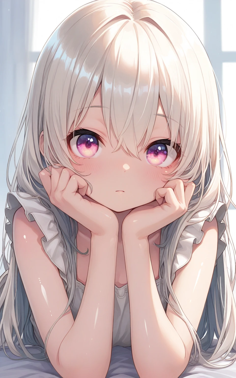 An anime girl with white and pink faded hair and silver eyes. Wetting herself