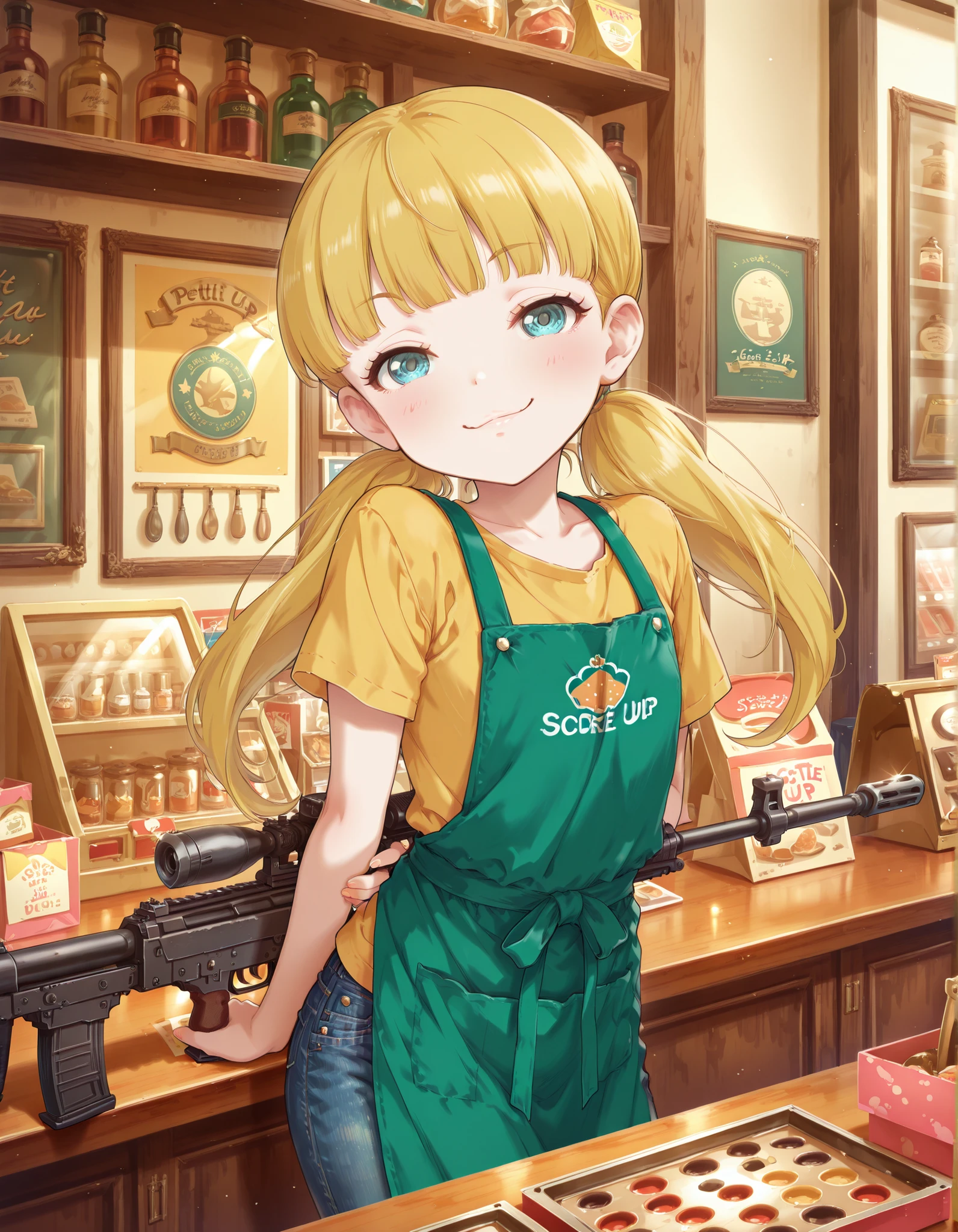 Score_9, score_8_up, score_7_up, source_anime, mary cochran, solo, twintails, blunt bangs, blonde hair, aqua eyes, petit, flat chest, (best quality), (high quality), {masterpiece}, extremely delicate and beautiful, ultra-detailed, beautiful detailed eyes, green apron, yellow t-shirt, denim jeans, military shop, shop counter, machineguns and rifles on wall, smirk, standing over shop counter