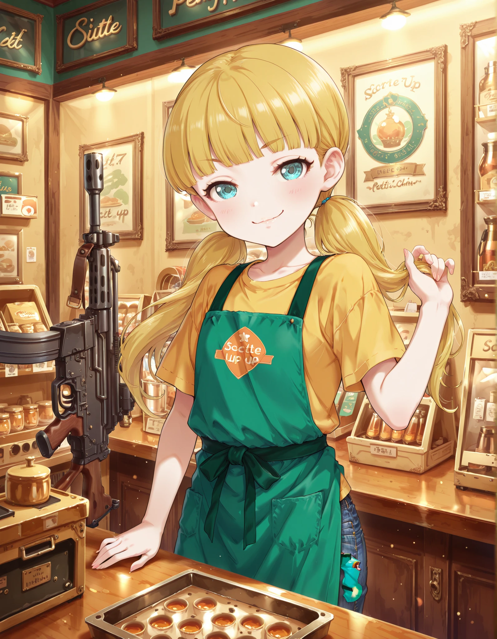 Score_9, score_8_up, score_7_up, source_anime, mary cochran, solo, twintails, blunt bangs, blonde hair, aqua eyes, petit, flat chest, (best quality), (high quality), {masterpiece}, extremely delicate and beautiful, ultra-detailed, beautiful detailed eyes, green apron, yellow t-shirt, denim jeans, military shop, shop counter, machineguns and rifles on wall, smirk, standing over shop counter