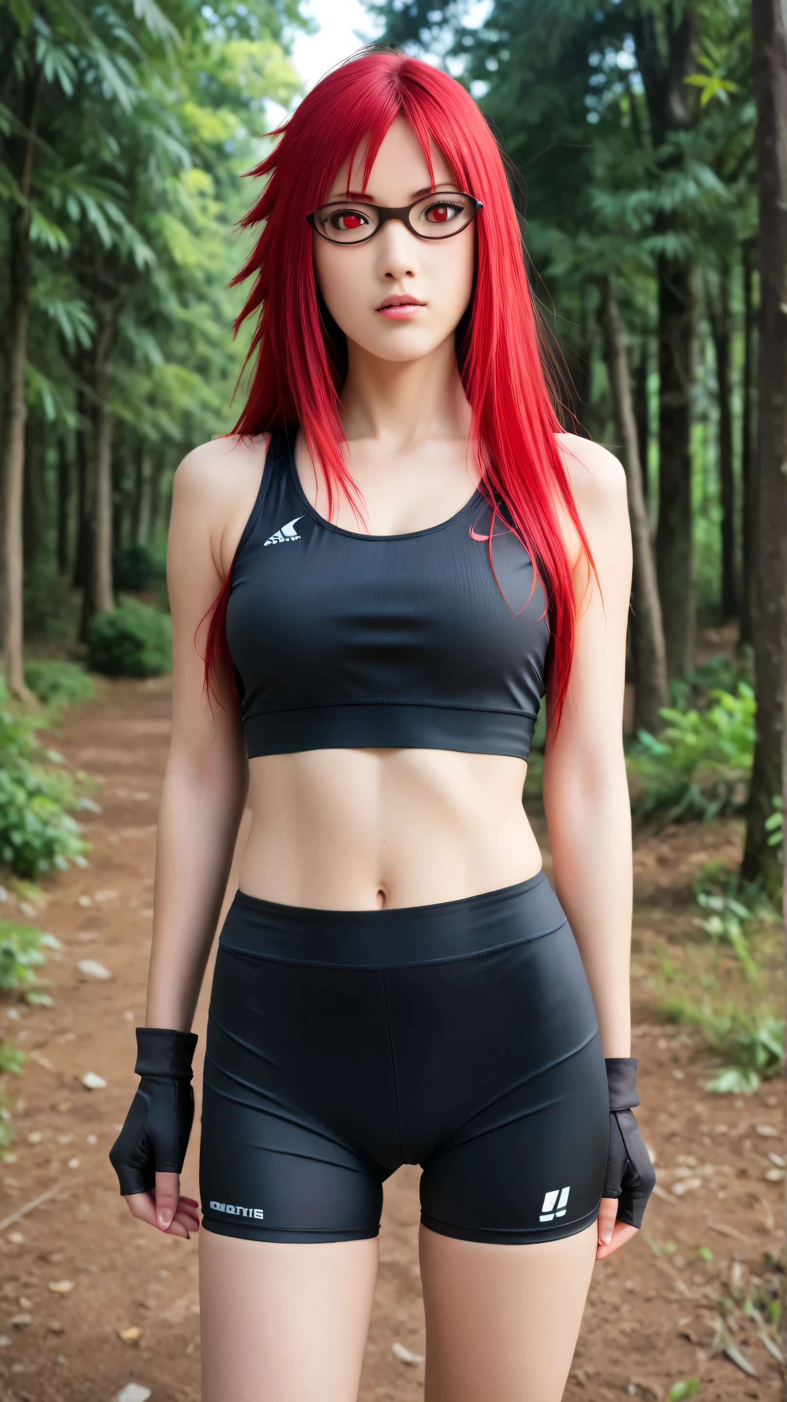 Masterpiece, best quality, 8k, ultra high resolution, photorealistic, cinematic composition,1girl, solo, Karin Uzumaki, glasses, red eyes, red hair,long hair,outdoors,potrait,forest,bike shorts,(black sports bra:1.5),close up,black glove, navel,potrait,standing still