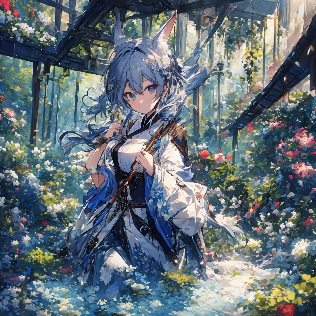 sky Blue hair, (braided ponytail),(pink eyes),fair skin ,(full body),1 girl,happy smile,kimono,Fresh green forest,Forest Goddess,Straight Bangs,(masterpiece, best quality, ultra-detailed, best shadow), (detailed background), (beautiful detailed face), high contrast, (best illumination, an extremely delicate and beautiful), ((cinematic light)), colorful, hyper detail, dramatic light, intricate details,guardian of the forest,Leaf Blizzard,