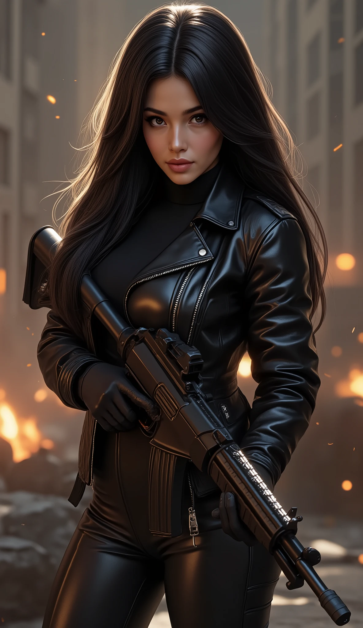 full body (long black hair:1.5),Beautiful 25 year old Igirl, brown skin, (Wearing a black leather jacket and tight black pants.;1.3), Carrying a rifle, view from the front, waist shot, dynamic pose, Ambient lighting, photographic realism, Intricate facial details, Handcrafted details, very detailed, vivid colors, cinematic, high resolution, Popular styles Raw on Artstation