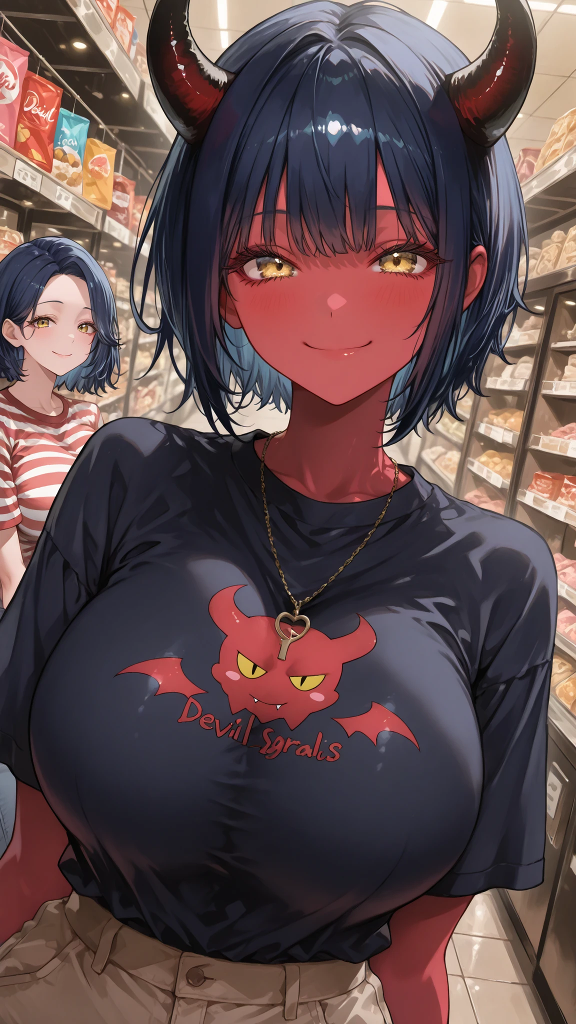 cute,748cm style, (masterpiece:1.2, Highest Quality), (Beautiful Detailed Eyes:1.2), ((美しいRed skinの女の子)), (highly detailed CG, Ultra Details), (very detailed and beautiful:1.1), (perfect detail:1.1), (cute女の子:1.2), (upper body, Dutch Angle), (devil horns growing out of her head:1.3), (Golden Eyes), Lashes, (Dark Blue Hair), (short hair), Bang, I'm using light makeup、Light Purple Eyeliner、Red skin、Beautiful red skin、 (smile:1.2), (staring at viewers), huge breasts, (she is standing、コンビニエンスストアshop員の制服を着ている), (ID, Striped, shirt, pants), 背景はshop内の雰囲気, Scenery, shop, fun atmosphere, Dynamic Angle,Female Red Demon