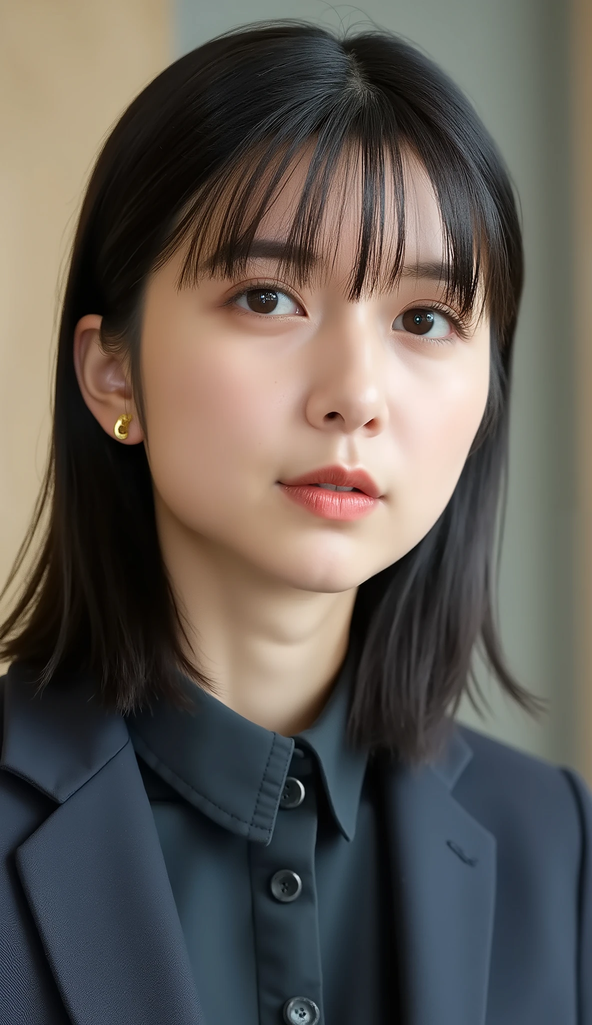 Neat Young Woman、looking at the camera、office lady suit、jacket、shirt、耳にピアス、、無表情、、face close-up、The background is office