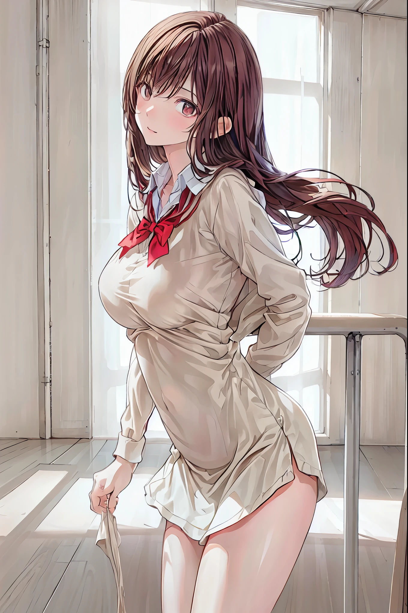  in a high school classroom，Female Teacher with Strict Abstinence,Beautiful Legs Glancing at Students,selfish body,Cold look,Testing Students' Abstinence,Mysterious Atmosphere,4K High Resolution,Realistic,portrait,Dark color , bright red ,Eyes That Seem to Be Sucked In,Picturesque,Immersive luster,Photo Real,professional quality