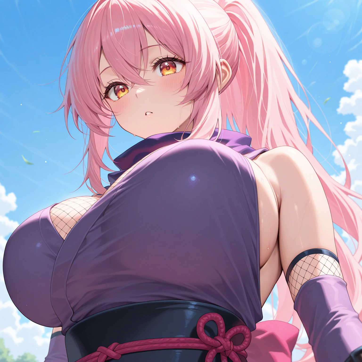 Perfect composition,masterpiece, (Highest quality), woman, Blonde, Hair length, Side Ponytail, Purple eyes,sweater, skirt,セクシーなwoman, Embarrassing,blush, Bright colors,,Natural soft light,RTTX 10.0, (Detailed face:1.2), Showcase, (Perfect Eyes:1.1) ,(Photorealistic:1.1), 8K Ultra HD, Look at the viewers, outside of home, Simple Background,(Cleavage:1.4),Tremendously large bust,Huge bust,(throw,Close-up shot:1.2),From the top of the head to the waist,