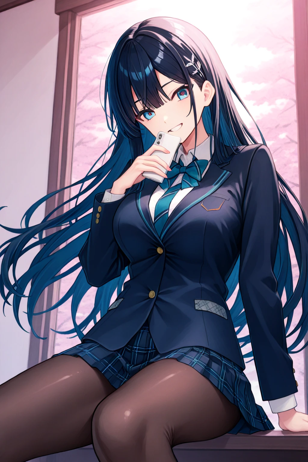 make a picture: Boku no hero panel with A girl with long black hair and blue eyes with makeup, full lips while wearing A blouse tucked into a skirt and white mini shorts with black ankle boots