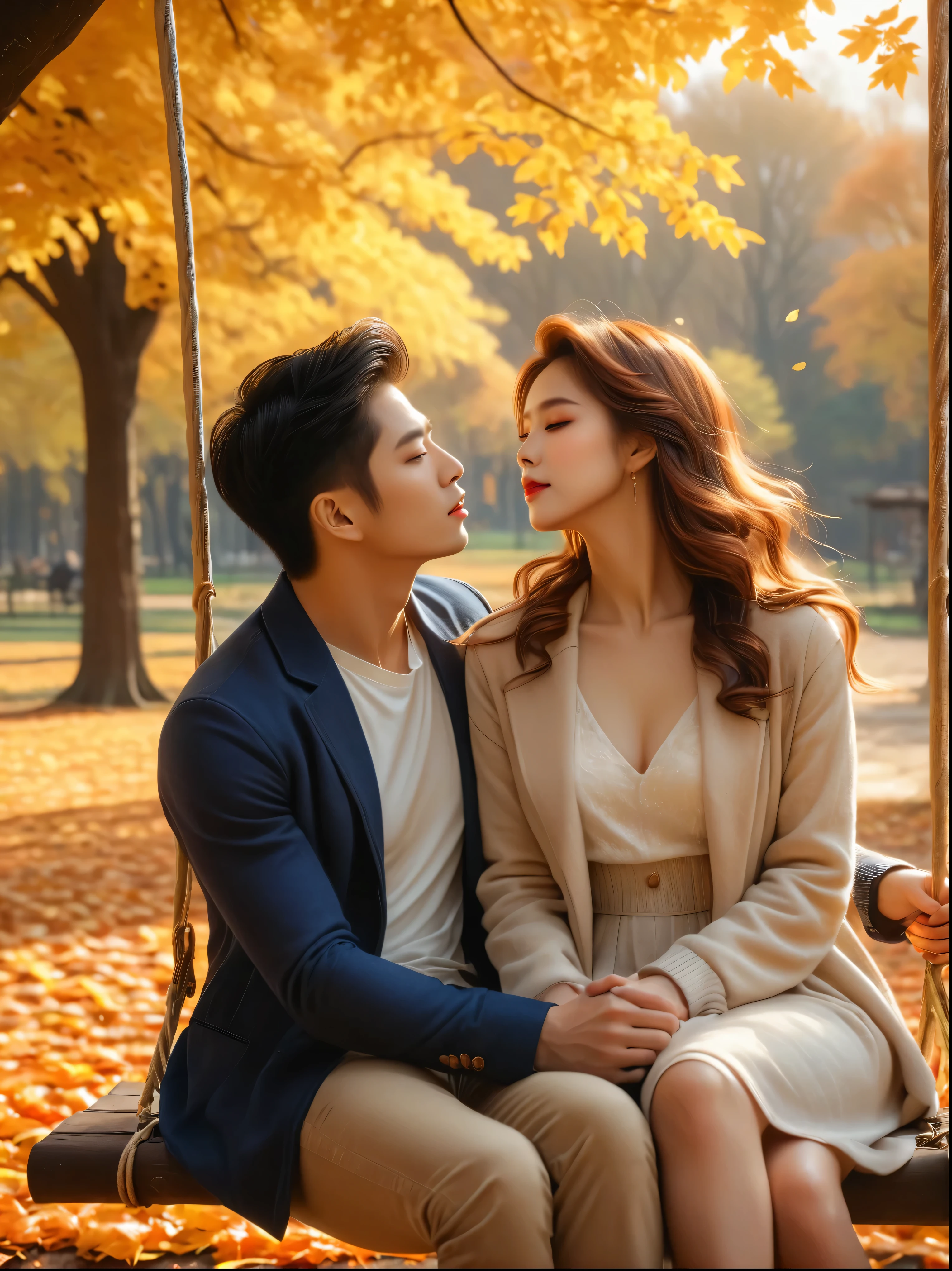 (一张放在台上的双人Photo:1.5),at close range,close,(Photo:1.5),couple sitting on swings in autumn,passionate kisses,stunning scenery,golden autumn leaves,beautiful detailed eyes,beautiful detailed lips,extremely detailed eyes and face,long lashes,Cozy autumn outfits,warm colors,sunlight through trees,wind,picturesque park,romantic mood,Calm background,(best quality,8 k,high definition,masterpiece), Ultra detailed , (realism,Photorealism),HDR,contract,studio lighting,super excellent,sharp focus,physically based visualization,extremely detailed description,major,bright colors,blurred background