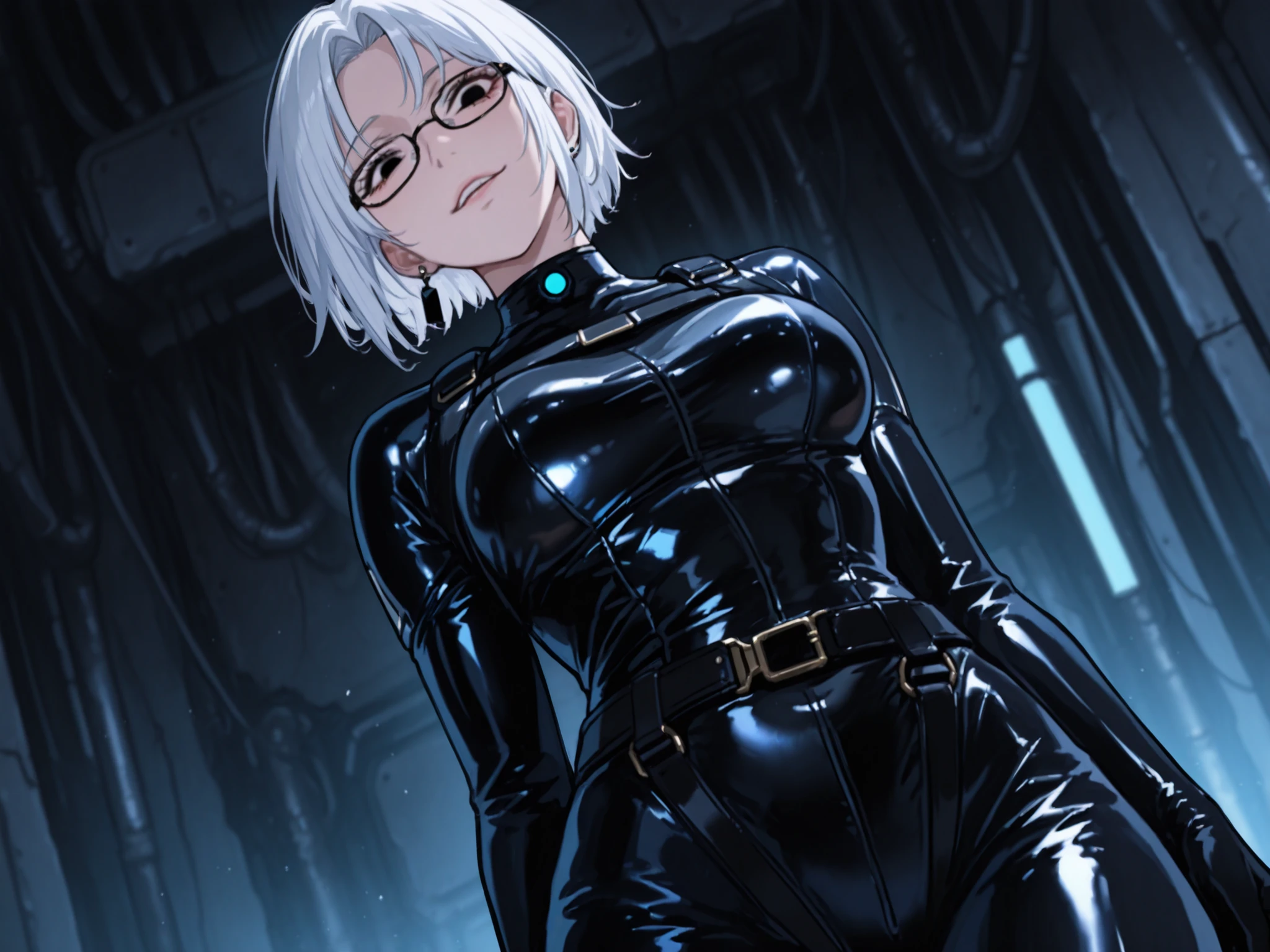 White short-haired woman wearing glasses wearing evil black eye experiment suit, technology wearing leather suit