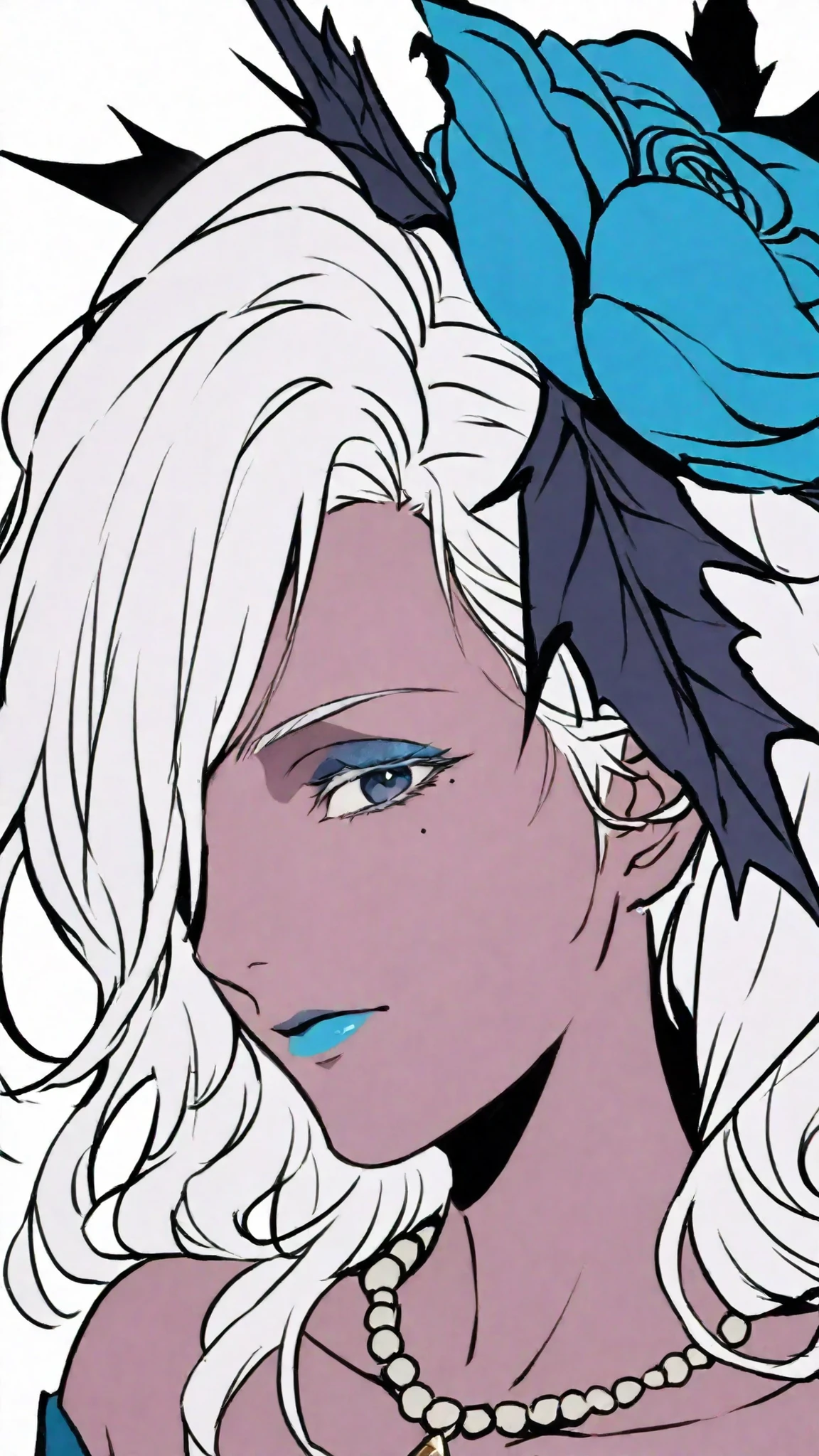 HDR, masterpiece, Highest Quality, Very Aesthetic, (realistic:1.1), (Flat Color:1.5),
Sharan, 1girl, solo, long hair, staring at viewers, blue eyes, simple background, hair ornaments, white background, close their mouths, gem, collarbone, gray hair, Flower, Dark Skin, hair Flower, necklaces, Mole, Hair Over One Eye, Dark-skinned Woman, Mole under eye, Makeup, portrait, Lipstick, Japanese man showing dominance by swinging up, blue Flower, blue lips, blue eyeshadow