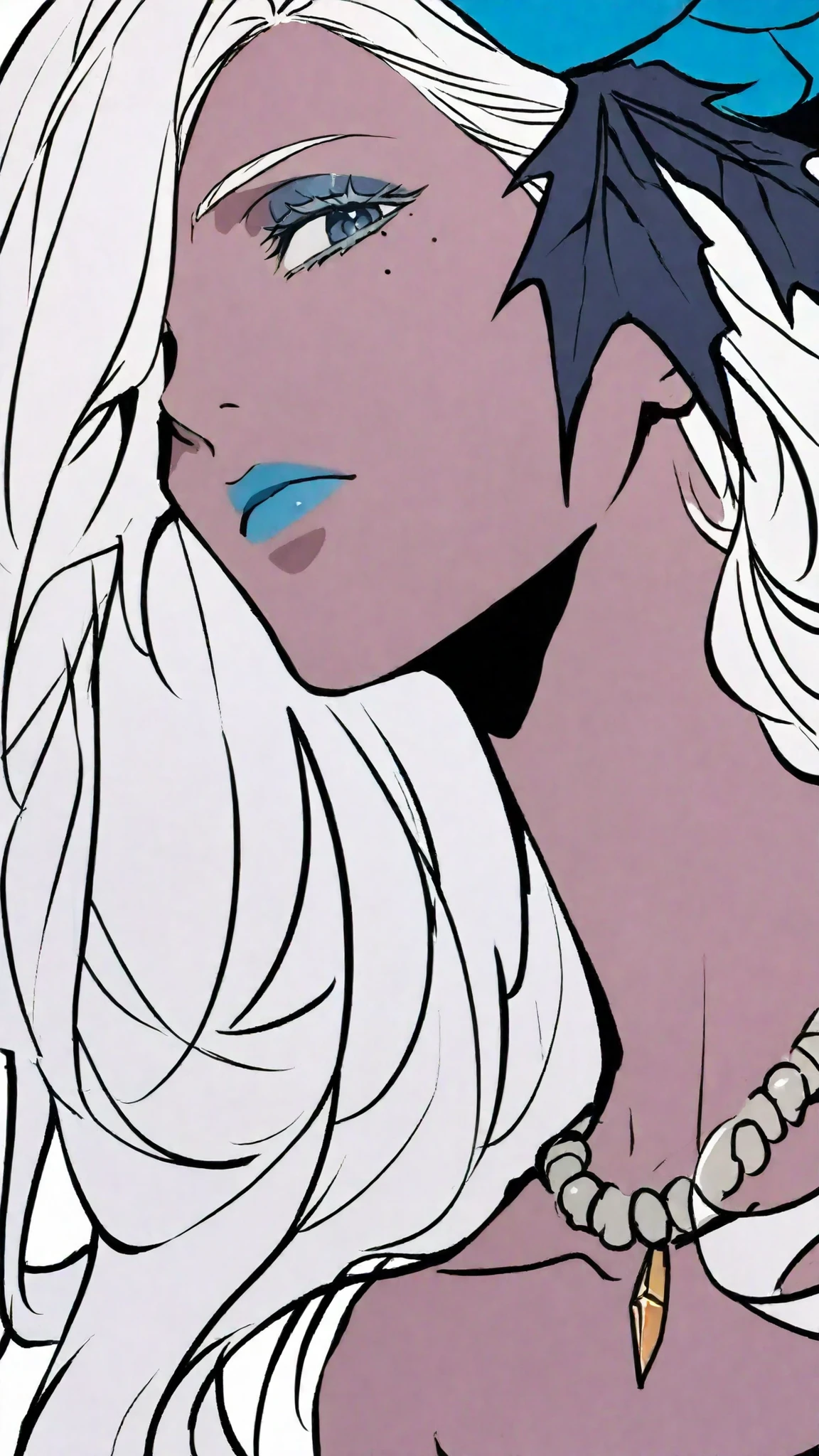 HDR, masterpiece, Highest Quality, Very Aesthetic, (realistic:1.1), (Flat Color:1.5),
Sharan, 1girl, solo, long hair, staring at viewers, blue eyes, simple background, hair ornaments, white background, close their mouths, gem, collarbone, gray hair, Flower, Dark Skin, hair Flower, necklaces, Mole, Hair Over One Eye, Dark-skinned Woman, Mole under eye, Makeup, portrait, Lipstick, Japanese man showing dominance by swinging up, blue Flower, blue lips, blue eyeshadow