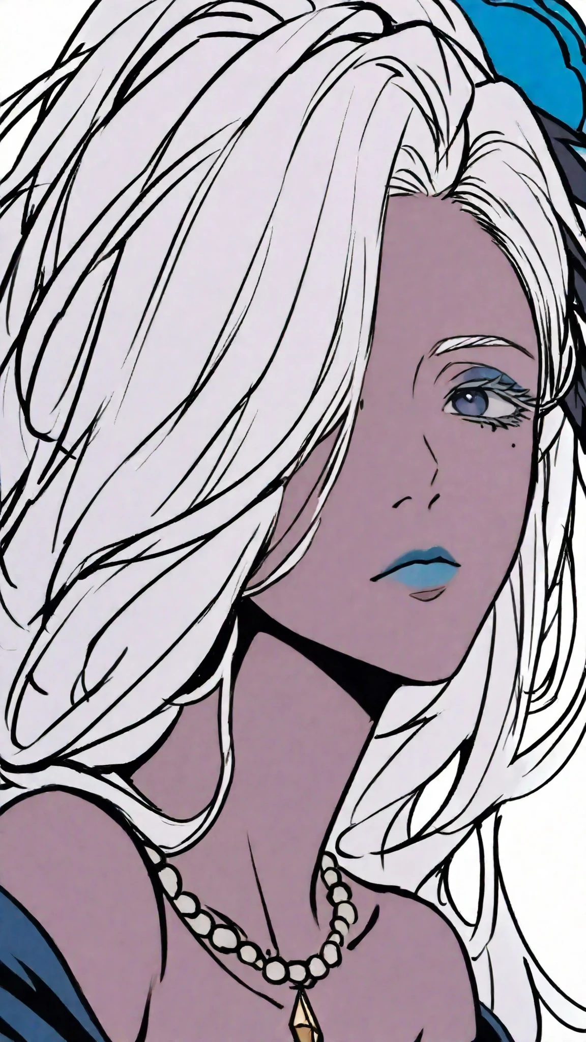 HDR, masterpiece, Highest Quality, Very Aesthetic, (realistic:1.1), (Flat Color:1.5),
Sharan, 1girl, solo, long hair, staring at viewers, blue eyes, simple background, hair ornaments, white background, close their mouths, gem, collarbone, gray hair, Flower, Dark Skin, hair Flower, necklaces, Mole, Hair Over One Eye, Dark-skinned Woman, Mole under eye, Makeup, portrait, Lipstick, Japanese man showing dominance by swinging up, blue Flower, blue lips, blue eyeshadow