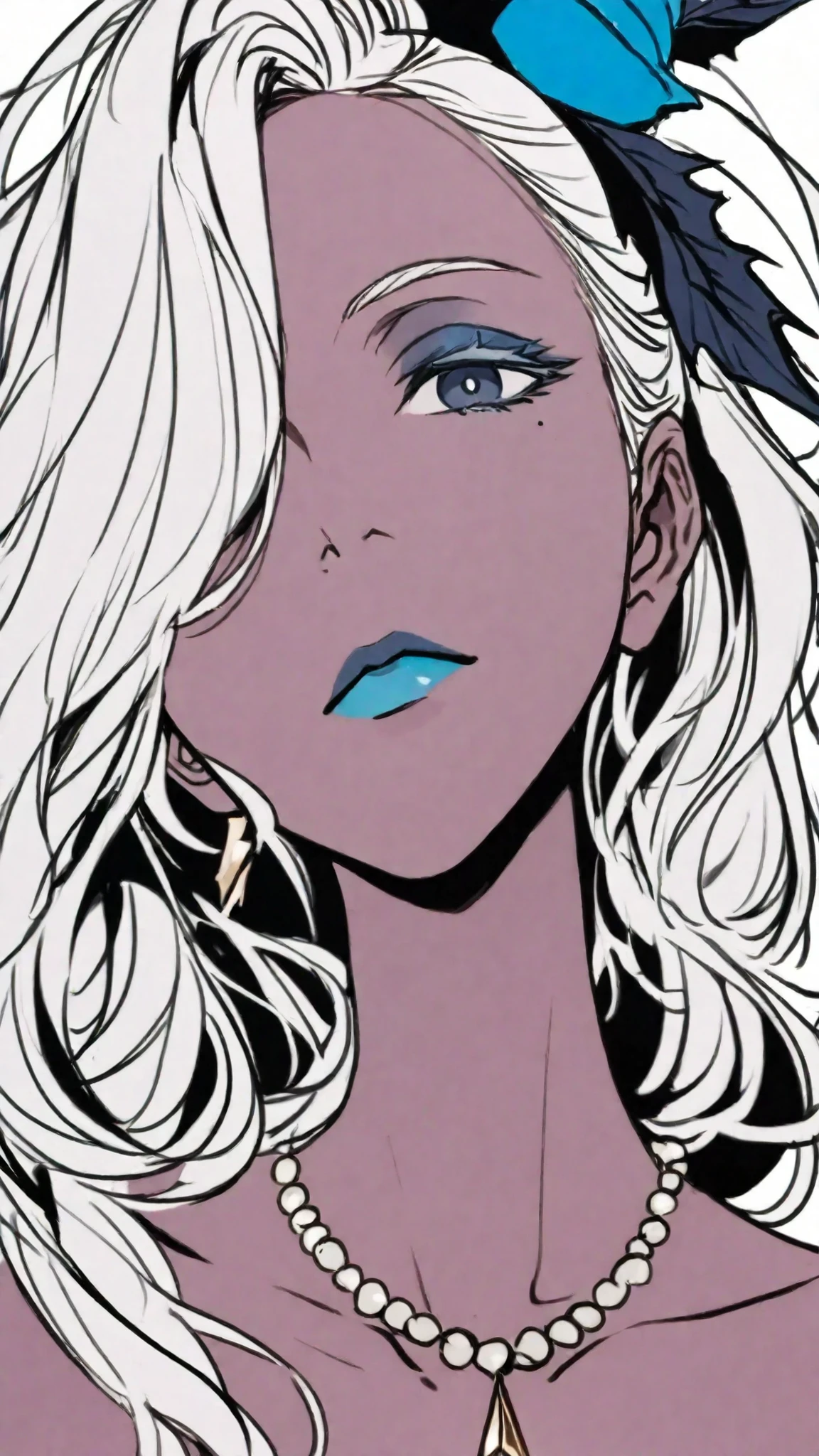 HDR, masterpiece, Highest Quality, Very Aesthetic, (realistic:1.1), (Flat Color:1.5),
Sharan, 1girl, solo, long hair, staring at viewers, blue eyes, simple background, hair ornaments, white background, close their mouths, gem, collarbone, gray hair, Flower, Dark Skin, hair Flower, necklaces, Mole, Hair Over One Eye, Dark-skinned Woman, Mole under eye, Makeup, portrait, Lipstick, Japanese man showing dominance by swinging up, blue Flower, blue lips, blue eyeshadow