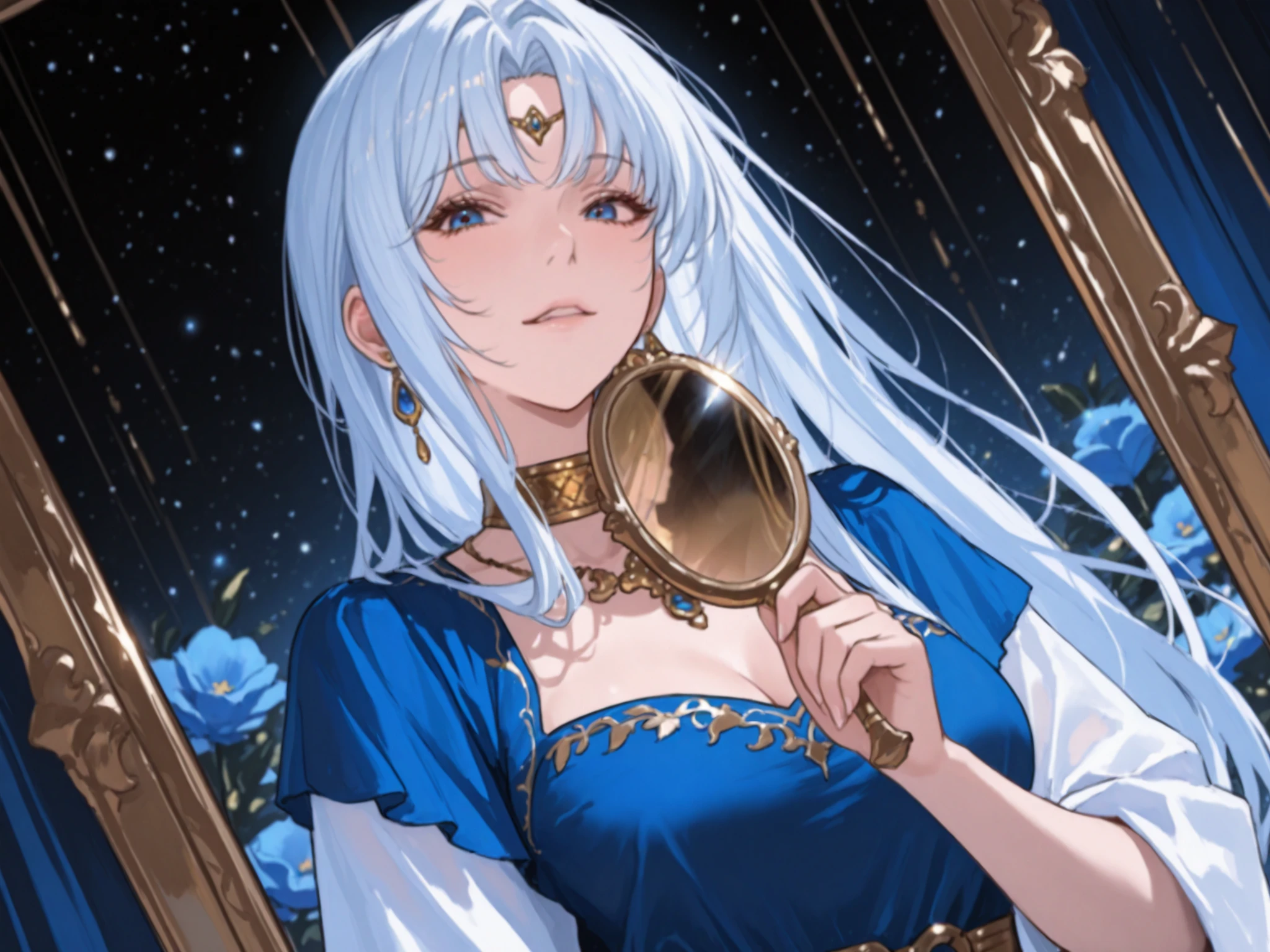 A white long-haired girl holding a mirror in her hand with beautiful blue eyes, wearing gold jewelry, a beautiful blue dress with flowers under the moon.