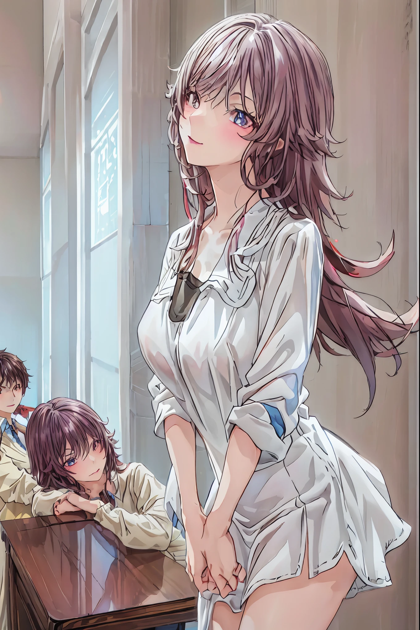  in a high school classroom，Female Teacher with Strict Abstinence,Female Teacher Standing in Front of a Pulpit，the student's back is an adult，Beautiful Legs Glancing at Students,black stockings，selfish body,Cold look,Testing Students' Abstinence,brown hair，shortcut，unkempt hair，Short braided hair，Neat，slender beauty，correct posture，small breasted，Beautiful legs，their enchanting gray-blue eyes shine like stars，Saggy Eyes，Brilliant Colors,beautiful eyes,A delicate smile,Textured Skin,best quality,gentle and beautiful woman,anime style､Mysterious Atmosphere,4K High Resolution,Realistic,portrait,Dark color , bright red ,Eyes That Seem to Be Sucked In,Picturesque,Immersive luster,Photo Real,professional quality