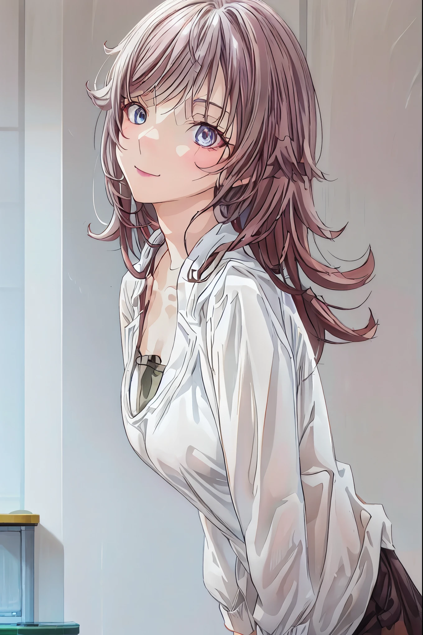  in a high school classroom，Female Teacher with Strict Abstinence,Female Teacher Standing in Front of a Pulpit，the student's back is an adult，Beautiful Legs Glancing at Students,black stockings，selfish body,Cold look,Testing Students' Abstinence,brown hair，shortcut，unkempt hair，Short braided hair，Neat，slender beauty，correct posture，small breasted，Beautiful legs，their enchanting gray-blue eyes shine like stars，Saggy Eyes，Brilliant Colors,beautiful eyes,A delicate smile,Textured Skin,best quality,gentle and beautiful woman,anime style､Mysterious Atmosphere,4K High Resolution,Realistic,portrait,Dark color , bright red ,Eyes That Seem to Be Sucked In,Picturesque,Immersive luster,Photo Real,professional quality