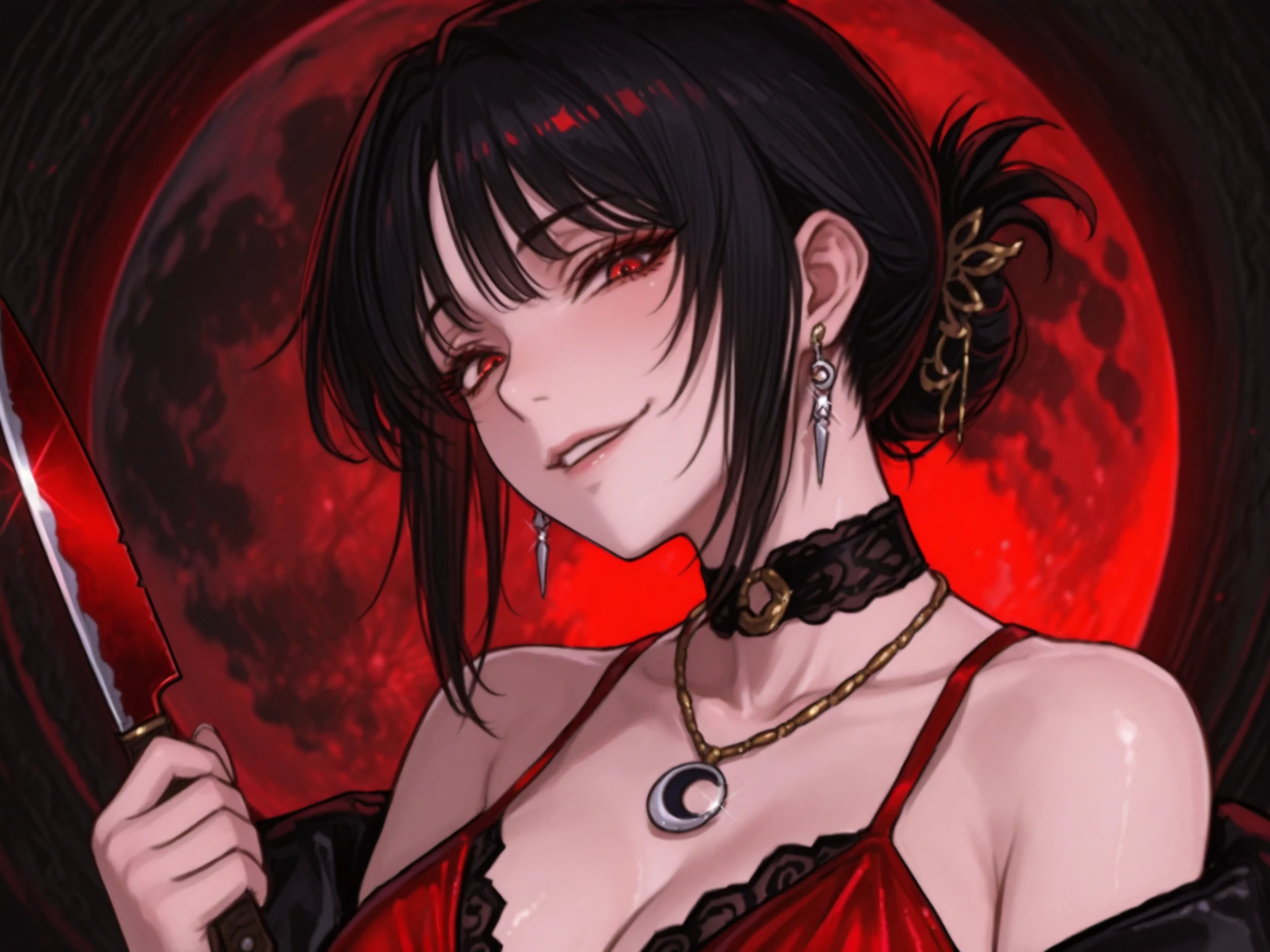 The black-haired girl wore a red evening dress with open shoulders, a beautiful black moon necklace around her neck, a sly smile, tied her hair, red eyes, holding a knife.