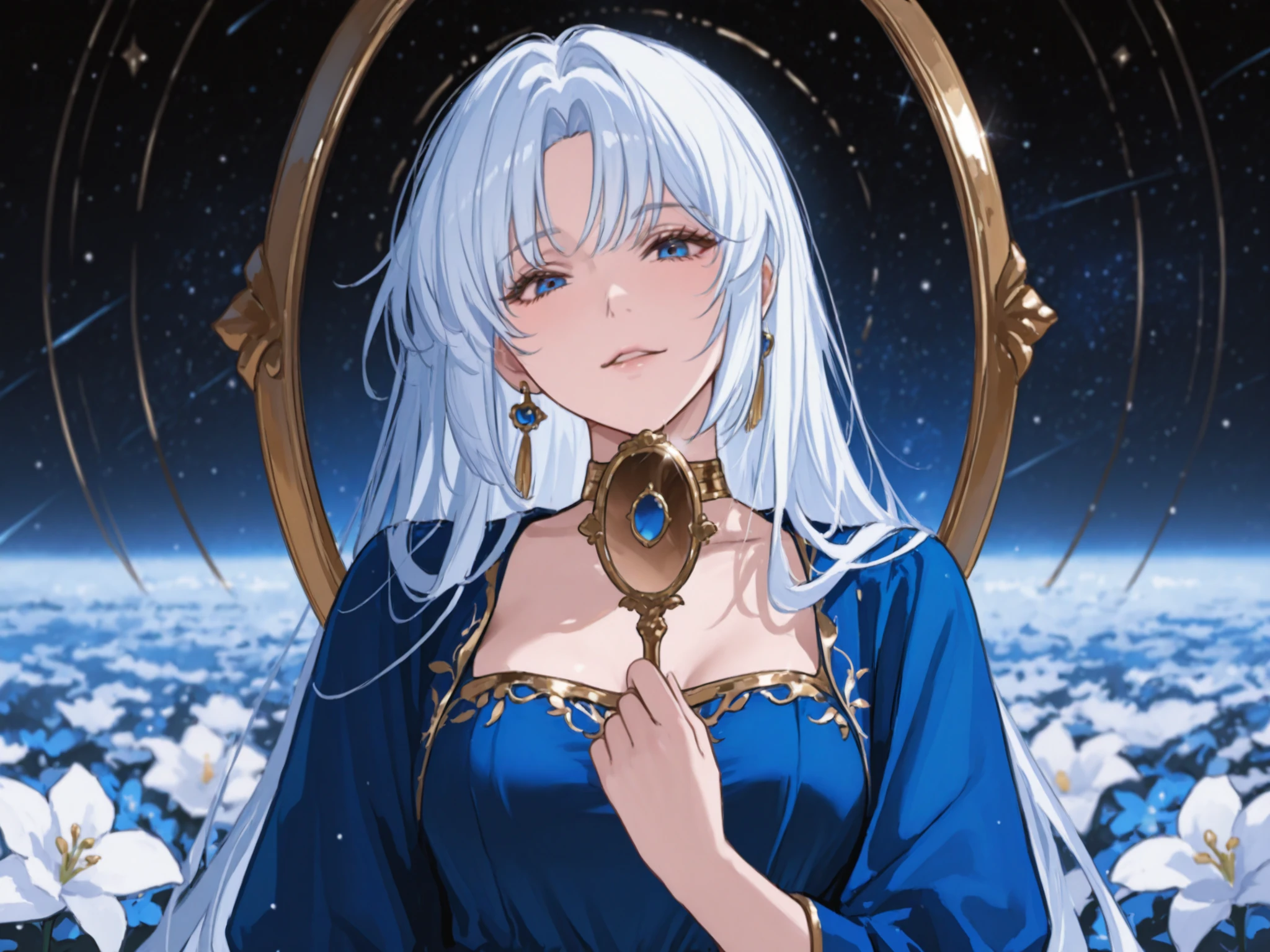 A white long-haired girl holding a mirror in her hand with beautiful blue eyes, wearing gold jewelry, a beautiful blue dress with flowers under the moon.