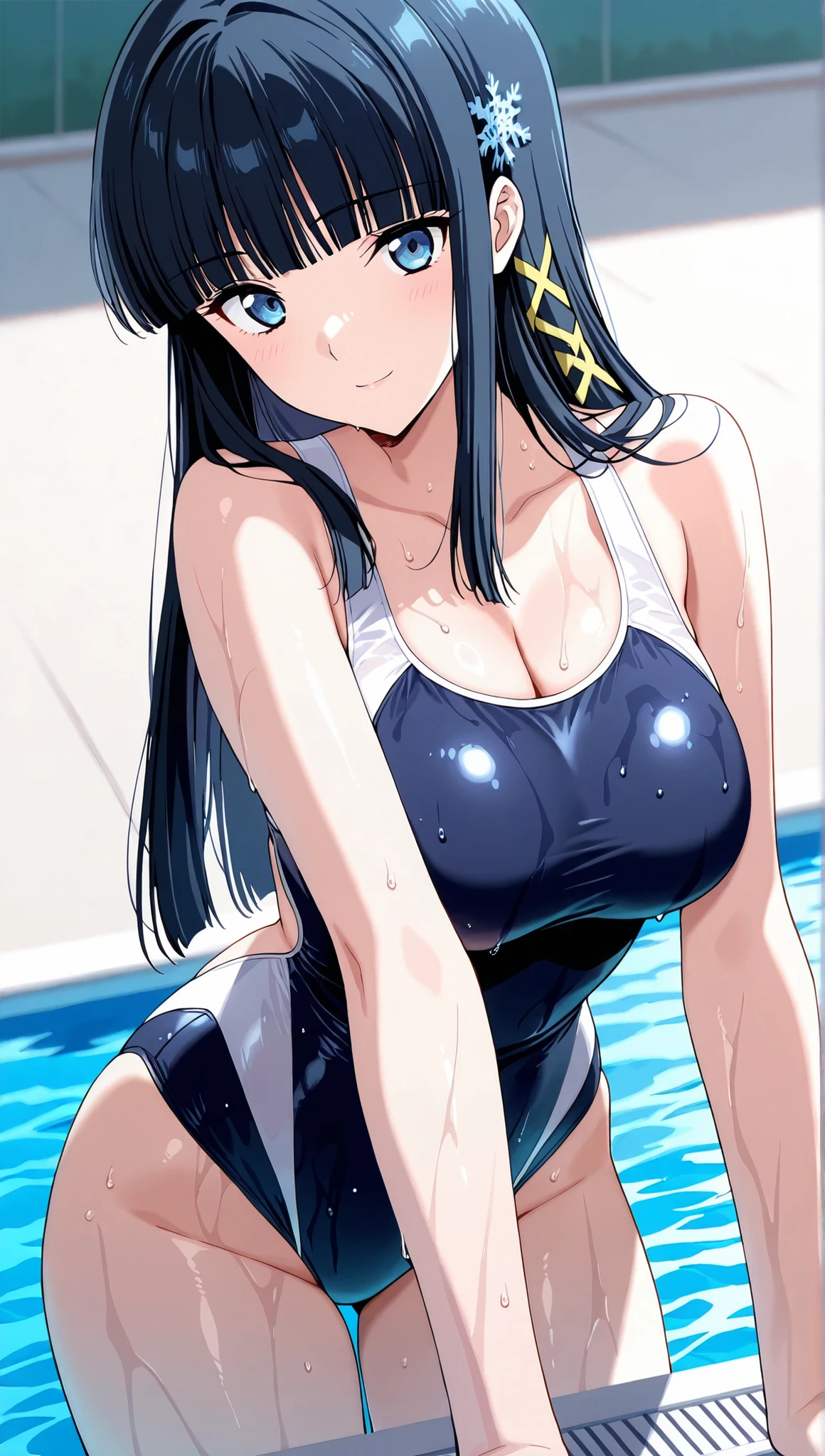 [[miyuki250219]],1lady, beauty, glossy lips,Rouge,detail eyes,dynamic angle,from below,(poolside:1.3),anime,

shiba miyuki, black hair,long hair, blunt bangs, eyebrows visible through hair, blue eyes, snowflake hair ornament, (yellow x hair ornament:1.3),school swim suit, , ,(large breasts:0.8),light smile,

,cowboy shot,Archerjeanne2nd,one-piece swimsuit,wet,

 score_9, score_8_up , score_7_up , score_6_up , score_5_up , score_4_up ,Clip skip :2,(masterpiece:1.3), (extremely detailed CG unity 8k wallpaper),top quality , amazing quality, high resolution, Absurd, very aesthetic, high resolution, (ultra detail), perfect detail,(extremely detailed CG,masterpiece, highres icon,absurdres,4K),
