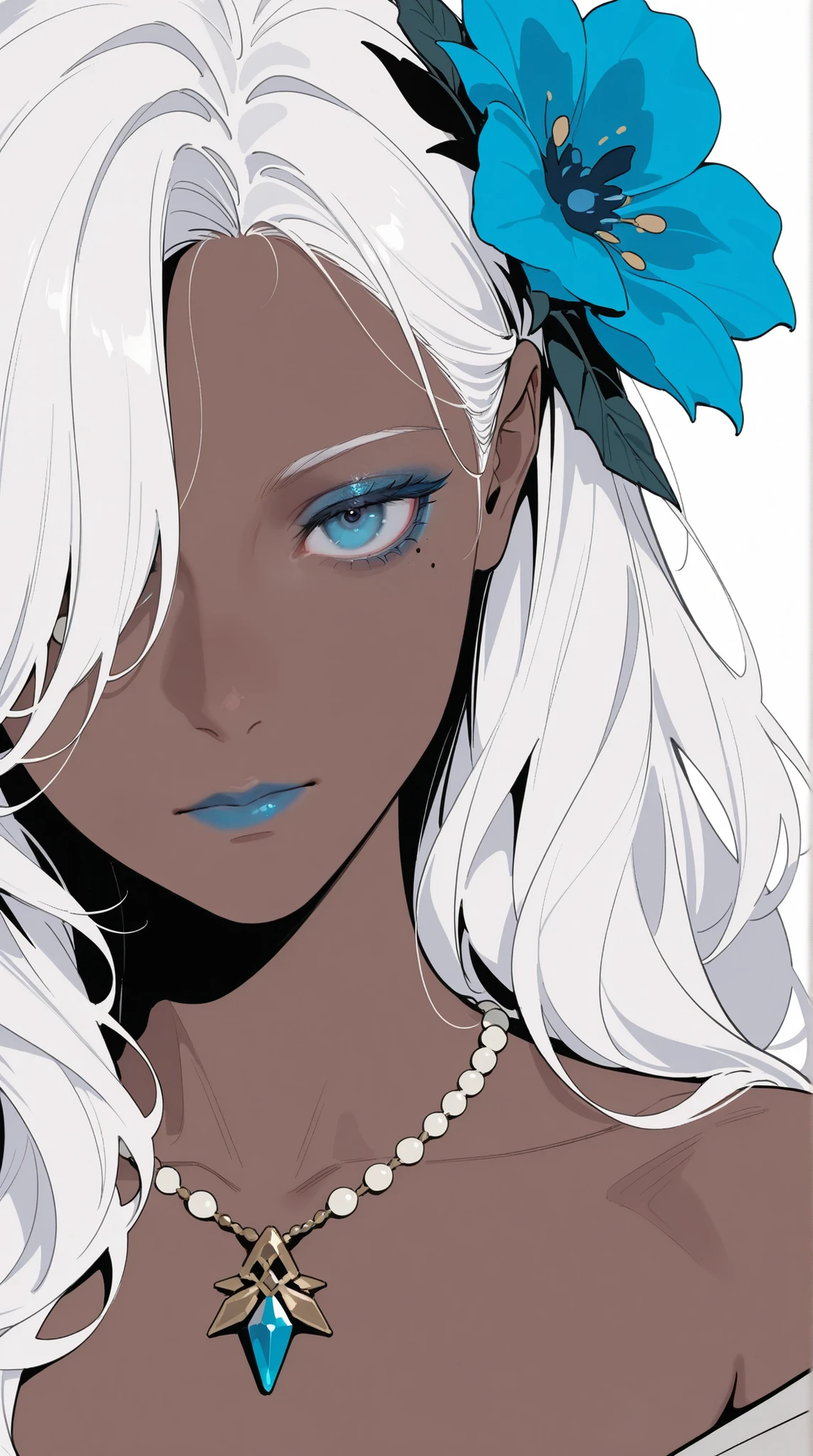 HDR, masterpiece, Highest Quality, Very Aesthetic, (realistic:1.1), (Flat Color:1.5),
Sharan, 1girl, solo, long hair, staring at viewers, blue eyes, simple background, hair ornaments, white background, close their mouths, gem, collarbone, gray hair, Flower, Dark Skin, hair Flower, necklaces, Mole, Hair Over One Eye, Dark-skinned Woman, Mole under eye, Makeup, portrait, Lipstick, Japanese man showing dominance by swinging up, blue Flower, blue lips, blue eyeshadow