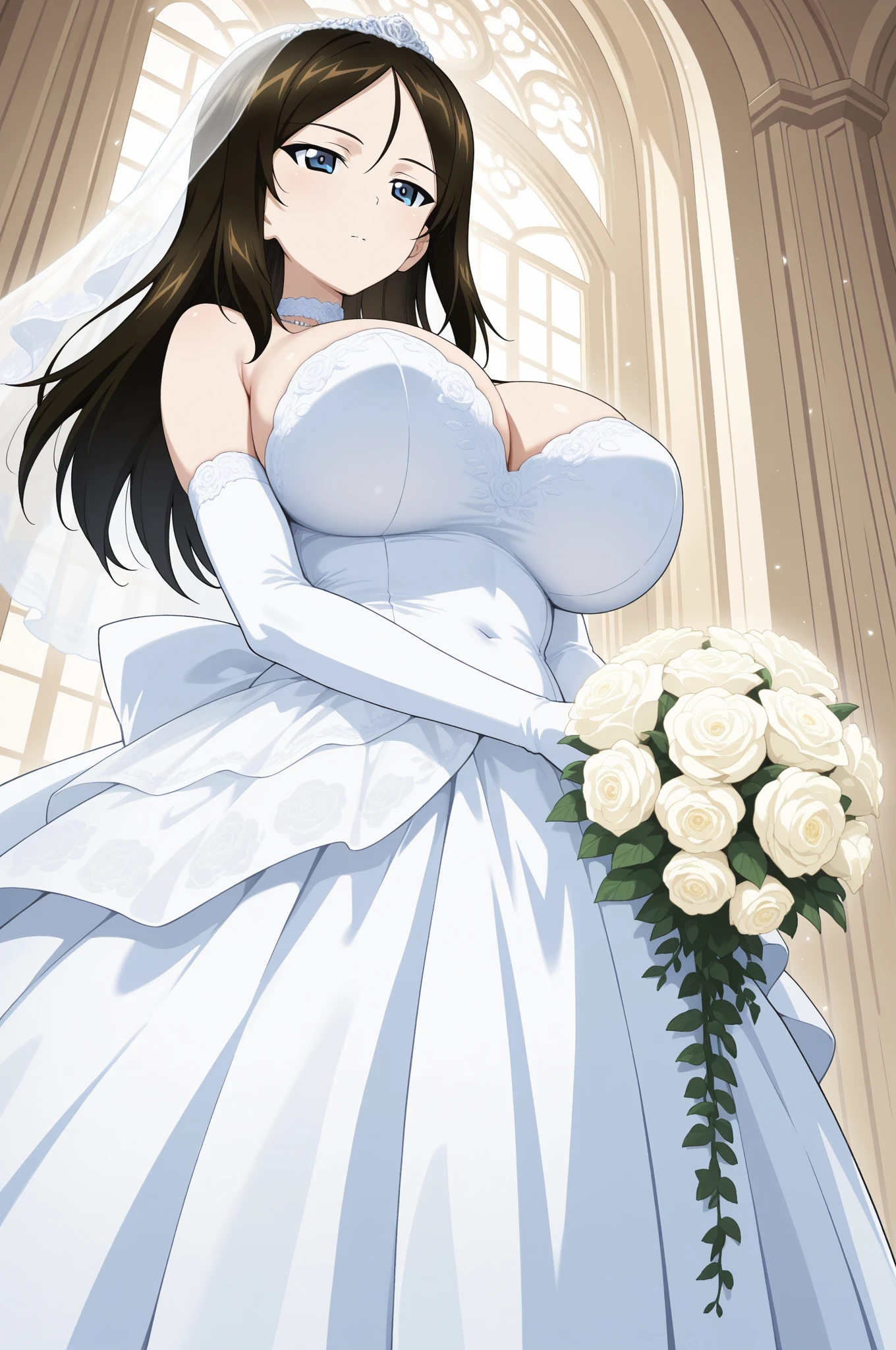 Akari_mizuno,
pink hair,green eyes, Bangs,long hair, 
1 girl, 20 years old,young women,Close-up of beautiful bride wearing beautiful bridal dress,Guwitz,（Keep your mouth shut：1.5）,Smile,Bridal makeup，Purple eye shadow,Double eyelids，pink blush，pink lipstick，（Transparent short veil：1.5），Blush，double-headed flower，headgear，（bandeau wedding dress：1.5），（Strapless wedding dress：1.5）,pure white dress，necklace，earrings，(large :1.3)，Deep V peach heart collar wedding dress，透过Bangs，（elbowgloves：1.3)，High detail RAW color art,