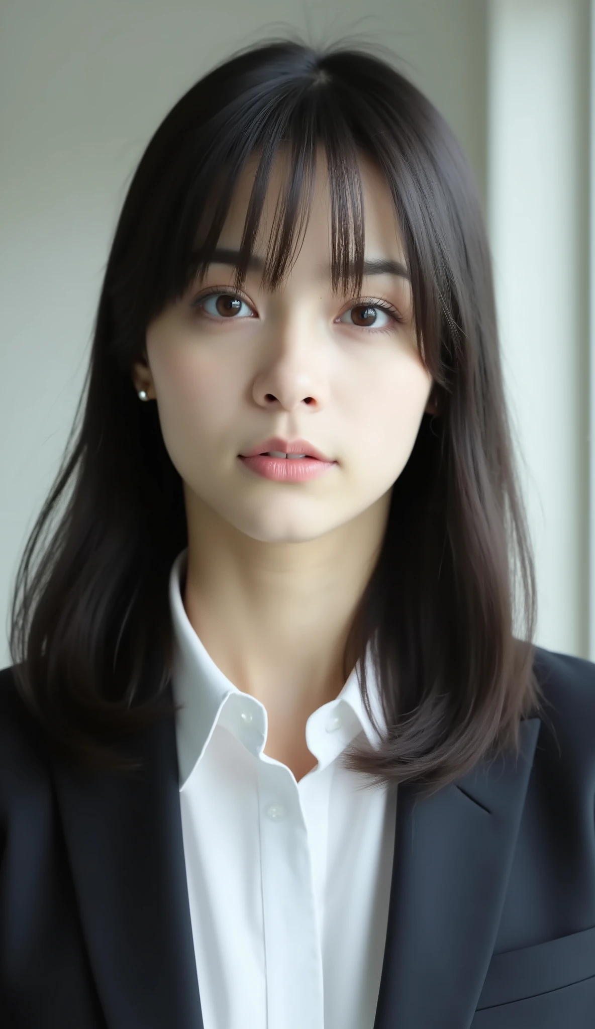 Neat Young Woman、looking at the camera、office lady suit、jacket、shirt、Ear piercings、前髪あり、無表情、、face close-up、The background is office
