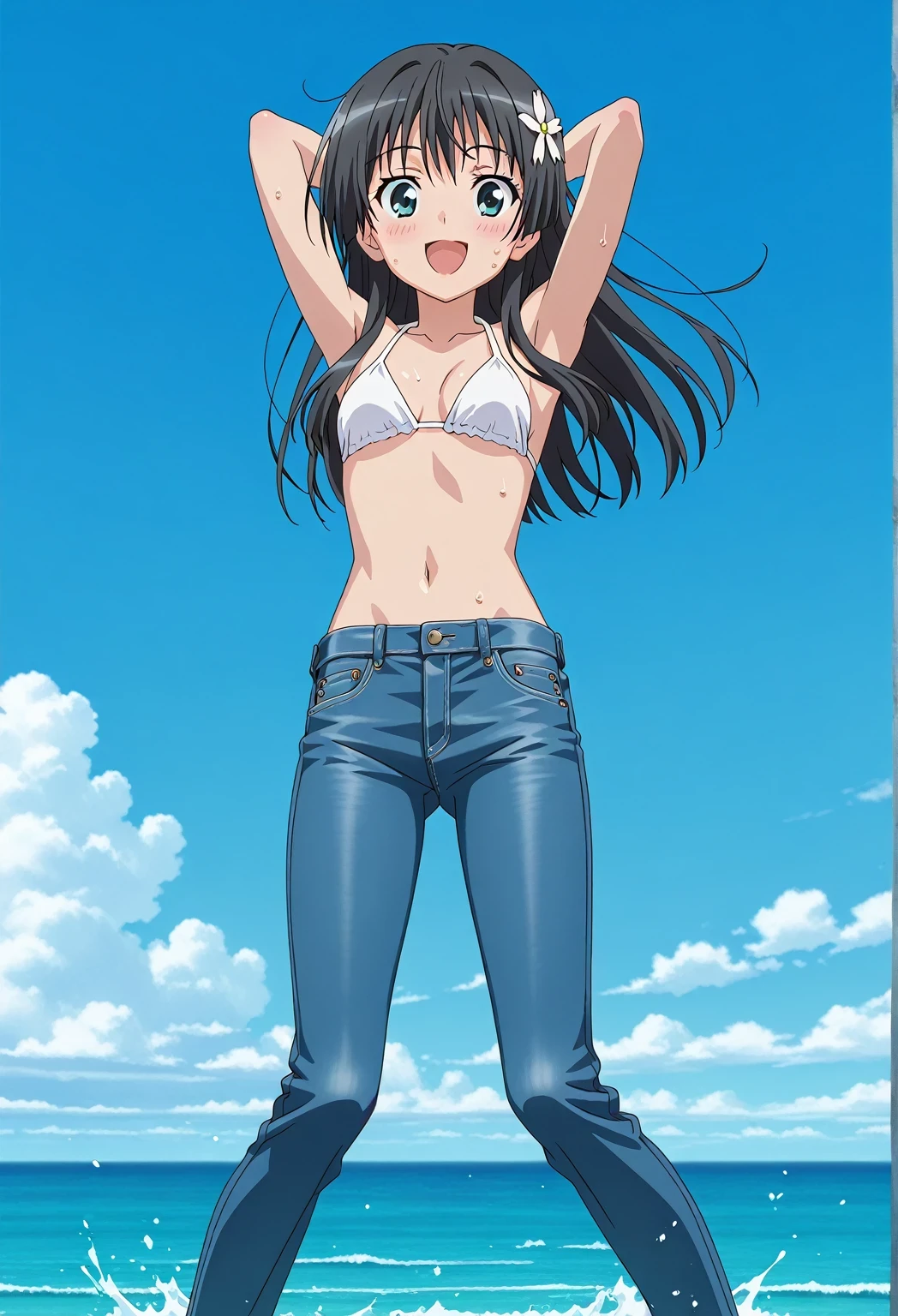 score_9, score_8_up, score_7_up, source_anime, highres, hi res, ((best quality, top quality, perfect quality, Highest Quality, amazing quality)), {{masterpiece}}, {{an extremely delicate and beautiful}}, 2d, intricate details, official style, anime, 8k, anime style, official_anime, official art, digital painting, cell shading, soft shading, high resolution, soothing tones, Subdued Color, Soft cinematic light, adobe lightroom, photolab, HDR, intricately and hyper-detailed, ((high quality animation)), 1 girl, Alone, solo, ((ocean)), tsunami, on the water, day, sunny, outdoors, sky, windy, saten ruiko, black hair, blue eyes, long hair, hair ornament, flower ornament, anime screencap, small , white  top, best quality, hyper-detailed jeans, ((blue jeans:1.9)), (dark blue jeans:0.6), full medium body, medium shot, Open mouth, smiling, happy face, blush, sweat, standing, ((arms behind head:6.0)), bowlegged, jumping pose, action, looking at viewer, , Bend knees slightly, straight-on front view