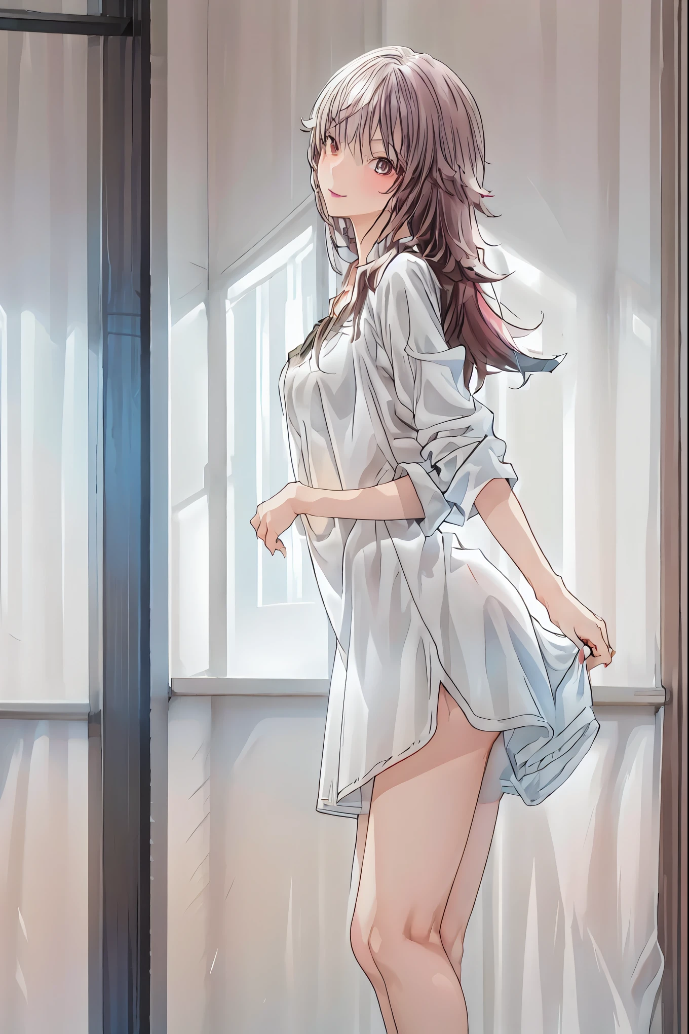  in a high school classroom，Female Teacher with Strict Abstinence,Female Teacher Standing in Front of a Pulpit，the student's back is an adult，Beautiful Legs Glancing at Students,black stockings，selfish body,Cold look,Testing Students' Abstinence,brown hair，shortcut，unkempt hair，Short braided hair，Neat，slender beauty，correct posture，small breasted，Beautiful legs，their enchanting gray-blue eyes shine like stars，Saggy Eyes，Brilliant Colors,beautiful eyes,A delicate smile,Textured Skin,best quality,gentle and beautiful woman,anime style､Mysterious Atmosphere,4K High Resolution,Realistic,portrait,Dark color , bright red ,Eyes That Seem to Be Sucked In,Picturesque,Immersive luster,Photo Real,professional quality