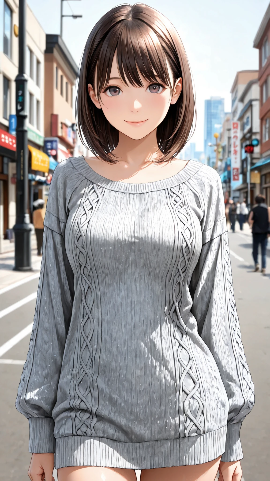 candid street photography style, cute young Japanese woman, sweet and gentle atmosphere, wearing a gray knit top、and emphasizes a rich bust {x}, natural pose, soft smile, Daytime city background, natural light, realistic texture, very detailed, realistic,
、
,..
,( masterpiece, Highest Quality, high resolution, ultra high resolution, pixel perfect, depth of field, 4K, RTTX10.0), 、Nene Kasaki々, 、shiny hair, beautiful eyes,smiling from the waist up , , (fine particles), , ,, (masterpiece:1.2, Highest Quality), ((only1 girl,solo)), (( cowboy shot)),