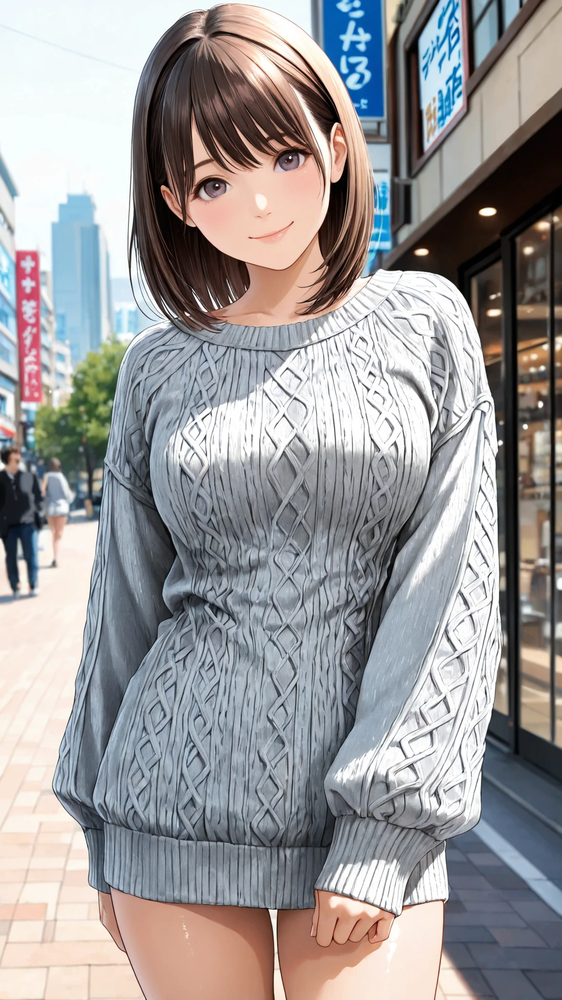 candid street photography style, cute young Japanese woman, sweet and gentle atmosphere, wearing a gray knit top、and emphasizes a rich bust {x}, natural pose, soft smile, Daytime city background, natural light, realistic texture, very detailed, realistic,
、
,..
,( masterpiece, Highest Quality, high resolution, ultra high resolution, pixel perfect, depth of field, 4K, RTTX10.0), 、Nene Kasaki々, 、shiny hair, beautiful eyes,smiling from the waist up , , (fine particles), , ,, (masterpiece:1.2, Highest Quality), ((only1 girl,solo)), (( cowboy shot)),