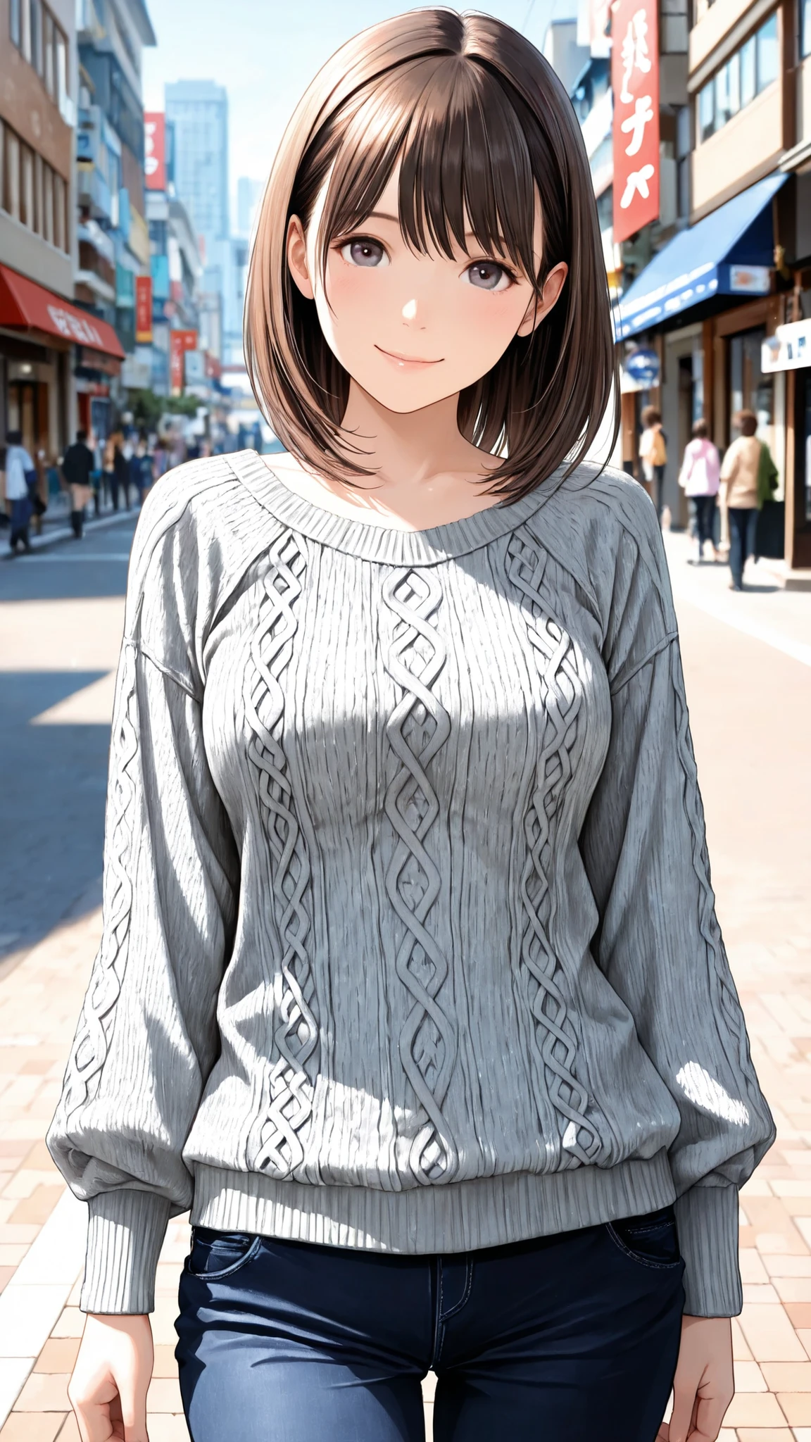 candid street photography style, cute young Japanese woman, sweet and gentle atmosphere, wearing a gray knit top、and emphasizes a rich bust {x}, natural pose, soft smile, Daytime city background, natural light, realistic texture, very detailed, realistic,
、
,..
,( masterpiece, Highest Quality, high resolution, ultra high resolution, pixel perfect, depth of field, 4K, RTTX10.0), 、Nene Kasaki々, 、shiny hair, beautiful eyes,smiling from the waist up , , (fine particles), , ,, (masterpiece:1.2, Highest Quality), ((only1 girl,solo)), (( cowboy shot)),