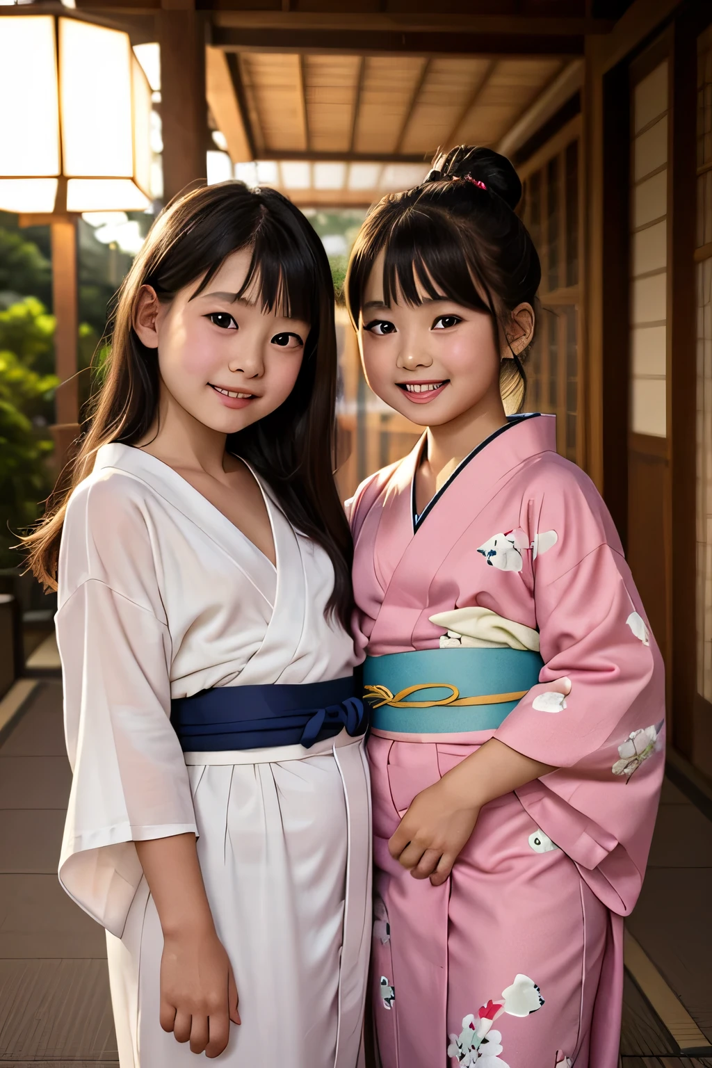 Japan, 1929. A little ((((9-year-old)) Sayuri)), strikingly beautiful, delicate  features, porcelain skin, expressive eyes, in a fishermen village, with her ((((15-year-old)) teen older sister)), ((((japanese poor girl clothings from the 1920s)))), ((hairstyle of the 1920s)), color