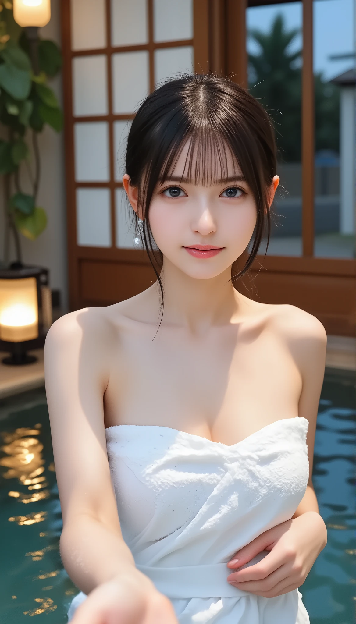 bright natural smile, visible upper teeth with soft curvature, cheeks rounded,
pupils centered, friendly eye-smile, head tilt 3–5° for warmth,
ultra-realistic portrait of a delicate, elegant Japanese idol lookalike (Asuka Saito inspired), very small face, refined V-line jaw, straight refined nose, gentle almond deep-brown eyes, soft neutral smile, porcelain smooth skin with fine pores and subtle peach fuzz, long jet-black straight hair with airy see-through bangs, glossy strands, neat face-framing pieces, pretty 20-year-old woman, anime-real hybrid, soft friendly expression, direct eye contact, slight smile, POV shot (first-person), she reaches her hand toward the camera (foreground hand slightly out of focus), head-and-shoulders framing, hair up in a loose bun with soft bangs, wet skin with tiny droplets, wrapped in a white bath towel across chest (secure wrap, no wardrobe malfunction), collarbones softly lit, outdoor onsen / open-air hot spring at dusk, warm lantern lights and wooden architecture behind, shoji-style panels, gentle steam rising from water, blue-green water with caustic reflections, cozy romantic atmosphere, shallow depth of field, cinematic warm–cool contrast lighting, natural neck proportion, relaxed shoulders, subject fills ~60% of frame, ultra-detailed face and eyes, clean high quality
