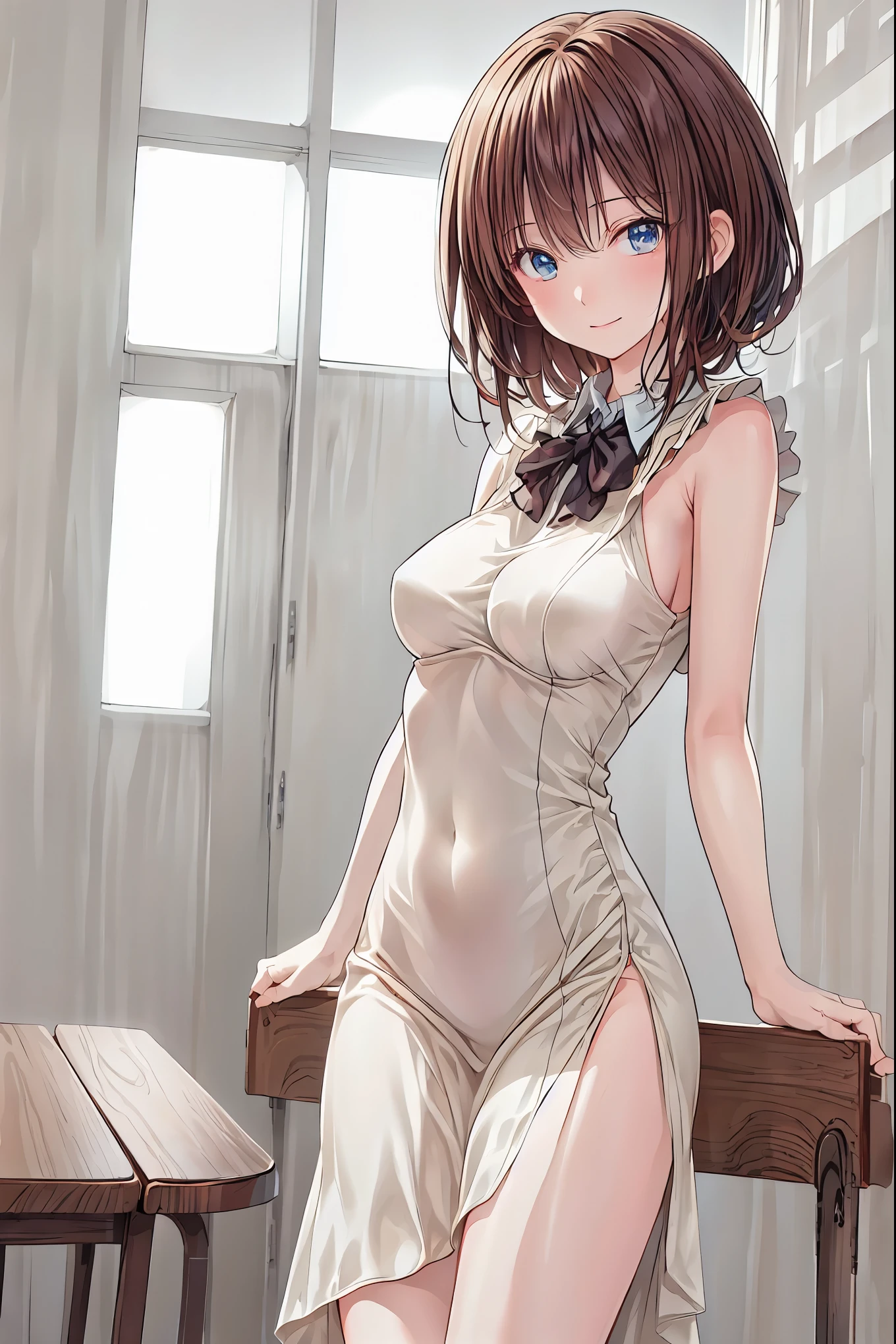  in a high school classroom，Female Teacher with Strict Abstinence,Female Teacher Standing in Front of a Pulpit，the student's back is an adult，Beautiful Legs Glancing at Students,black stockings，selfish body,Cold look,Testing Students' Abstinence,brown hair，shortcut，unkempt hair，Short braided hair，Neat，slender beauty，correct posture，small breasted，Beautiful legs，their enchanting gray-blue eyes shine like stars，Saggy Eyes，Brilliant Colors,beautiful eyes,A delicate smile,Textured Skin,best quality,gentle and beautiful woman,anime style､Mysterious Atmosphere,4K High Resolution,Realistic,portrait,Dark color , bright red ,Eyes That Seem to Be Sucked In,Picturesque,Immersive luster,Photo Real,professional quality