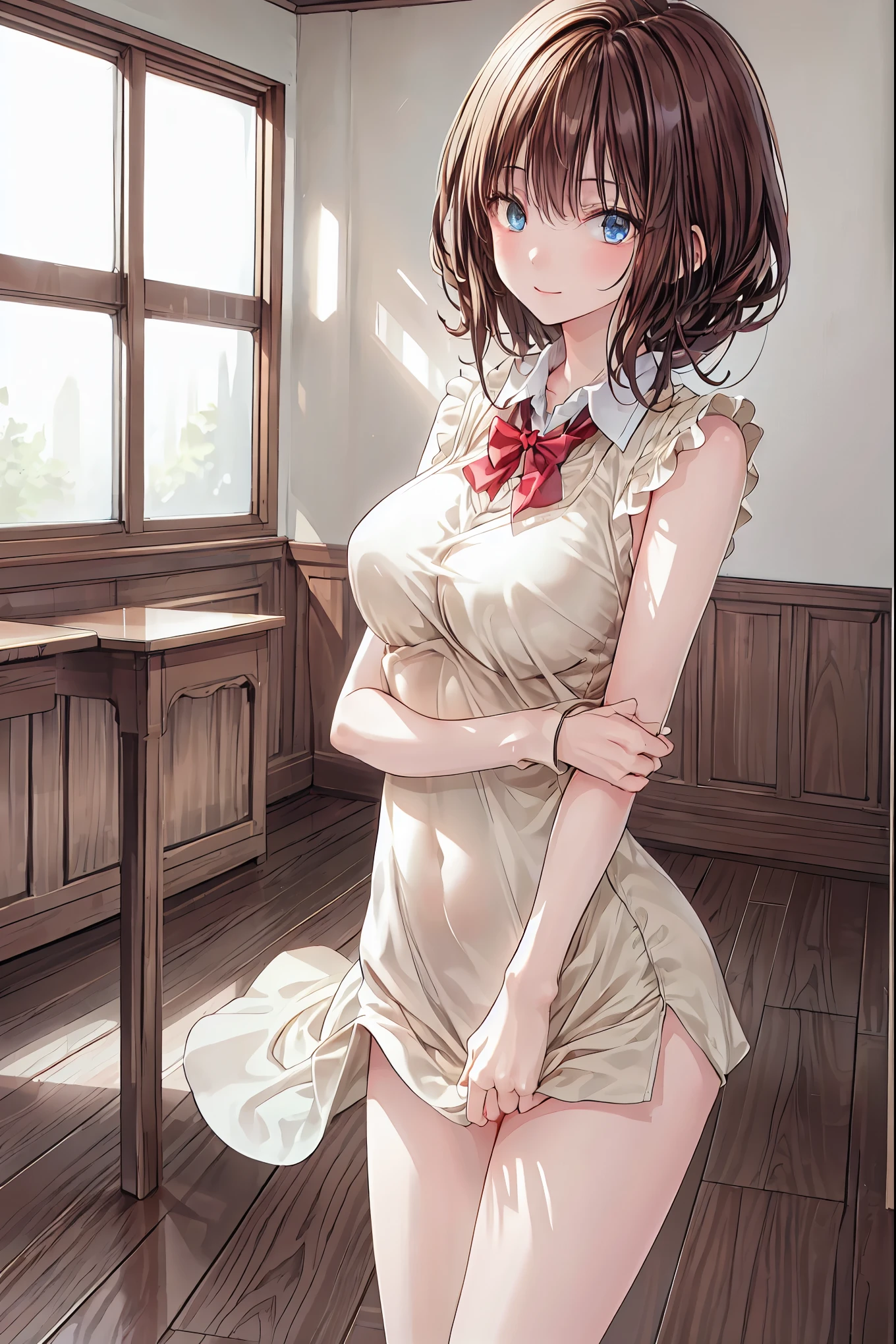  in a high school classroom，Female Teacher with Strict Abstinence,Female Teacher Standing in Front of a Pulpit，the student's back is an adult，Beautiful Legs Glancing at Students,black stockings，selfish body,Cold look,Testing Students' Abstinence,brown hair，shortcut，unkempt hair，Short braided hair，Neat，slender beauty，correct posture，small breasted，Beautiful legs，their enchanting gray-blue eyes shine like stars，Saggy Eyes，Brilliant Colors,beautiful eyes,A delicate smile,Textured Skin,best quality,gentle and beautiful woman,anime style､Mysterious Atmosphere,4K High Resolution,Realistic,portrait,Dark color , bright red ,Eyes That Seem to Be Sucked In,Picturesque,Immersive luster,Photo Real,professional quality