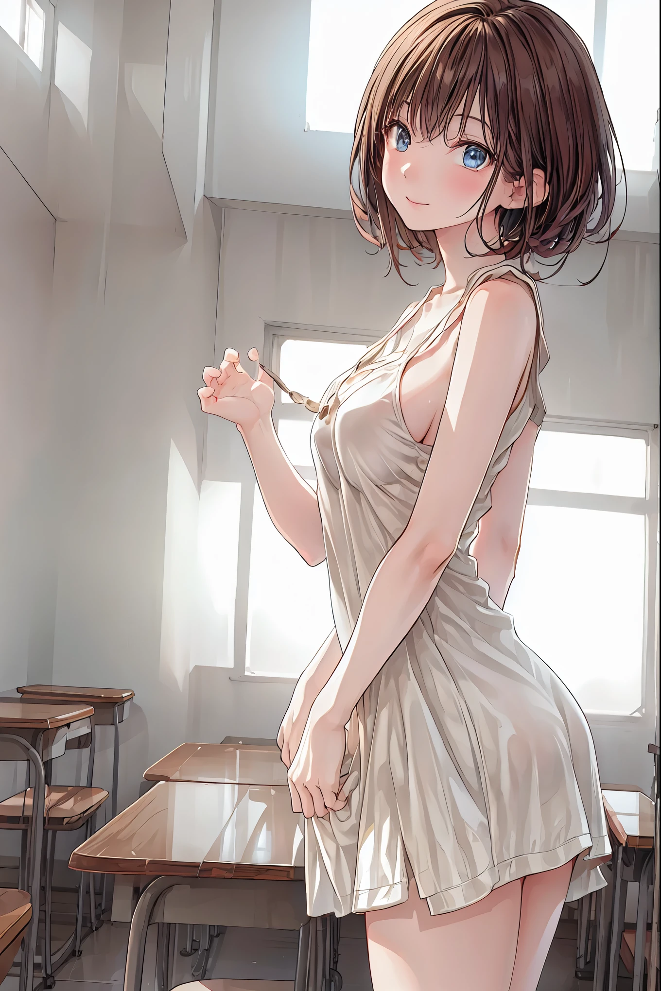  in a high school classroom，Female Teacher with Strict Abstinence,Female Teacher Standing in Front of a Pulpit，the student's back is an adult，Beautiful Legs Glancing at Students,black stockings，selfish body,Cold look,Testing Students' Abstinence,brown hair，shortcut，unkempt hair，Short braided hair，Neat，slender beauty，correct posture，small breasted，Beautiful legs，their enchanting gray-blue eyes shine like stars，Saggy Eyes，Brilliant Colors,beautiful eyes,A delicate smile,Textured Skin,best quality,gentle and beautiful woman,anime style､Mysterious Atmosphere,4K High Resolution,Realistic,portrait,Dark color , bright red ,Eyes That Seem to Be Sucked In,Picturesque,Immersive luster,Photo Real,professional quality